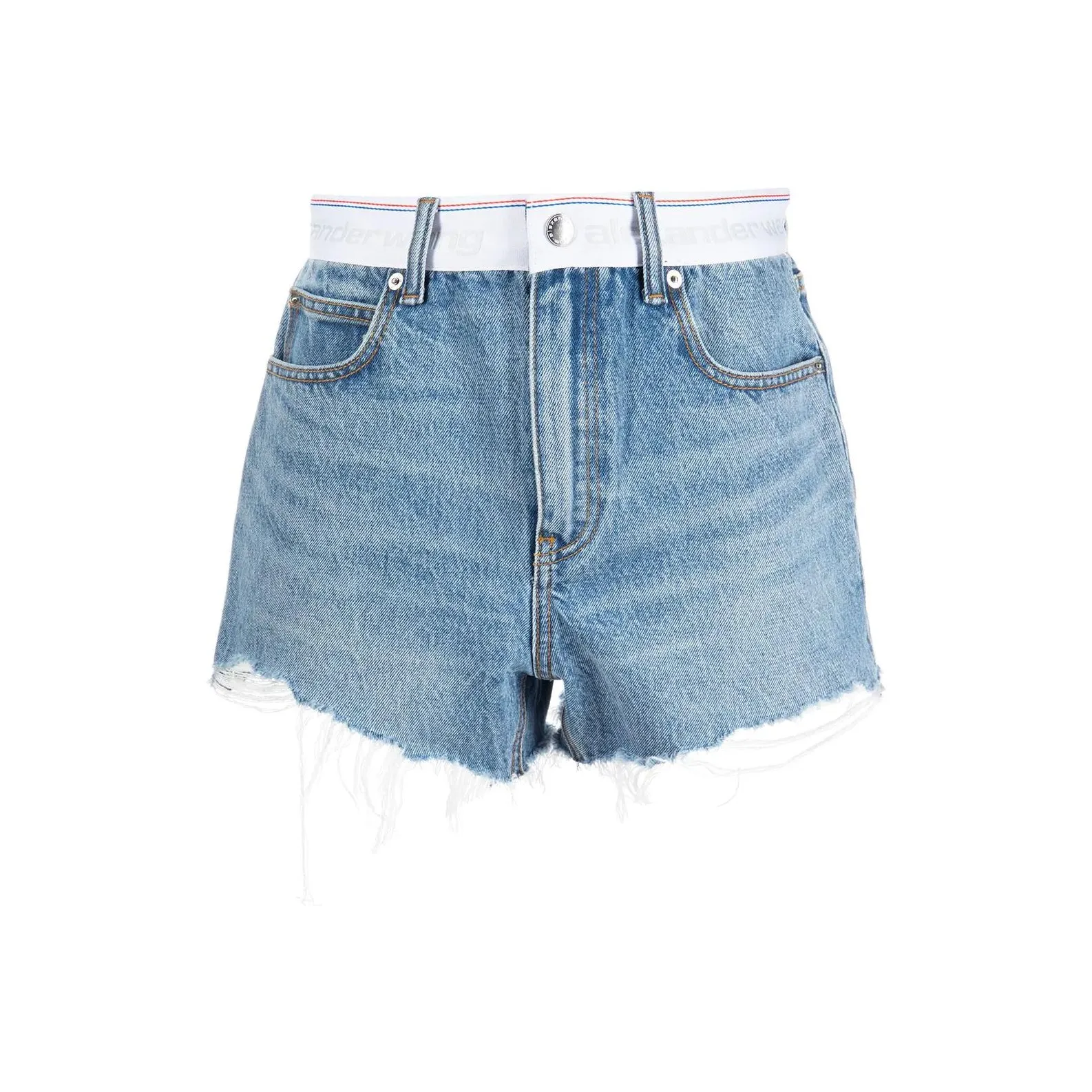 T By Alexander Wang Logo Webbing High Rise Bite Shorts Vintage Light Indigo
