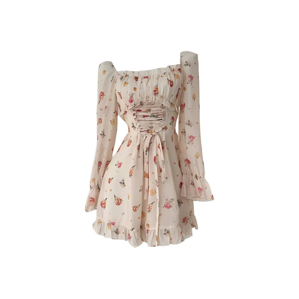 KKX Длинное платье с длинными рукавами женское желтый цветочный узор