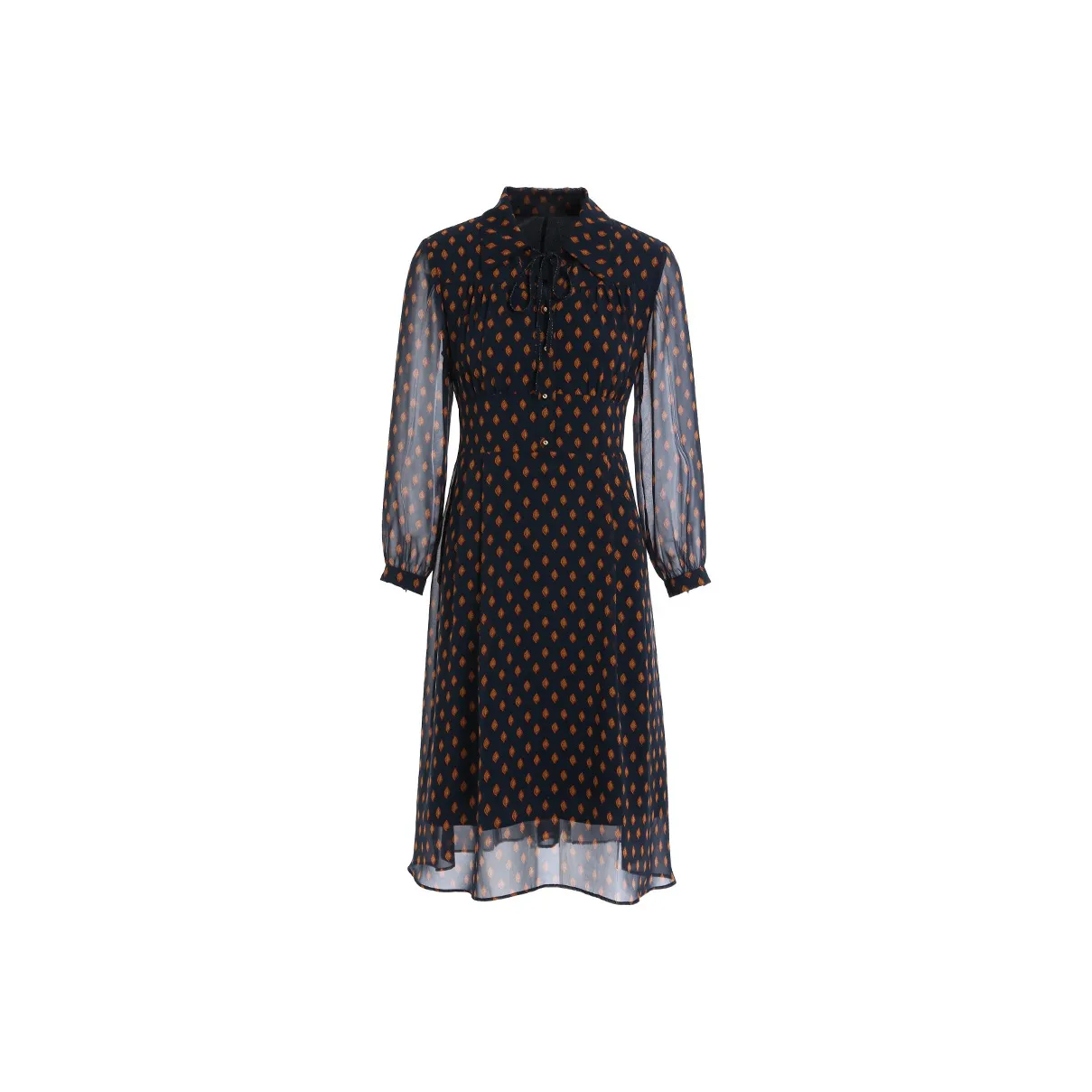 QIAOWANNI Long Sleeved Dress Women's Golden Leaf Pattern