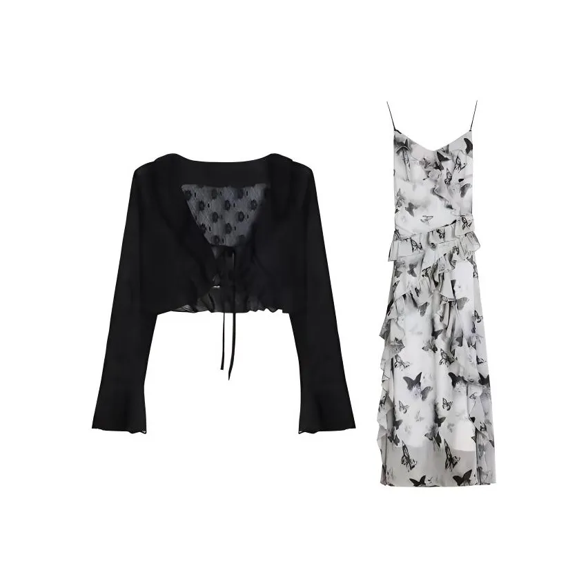 PUREIDOL Long Sleeved Dresses Women's Two Piece Set[Cardigan+Camisole Dress]