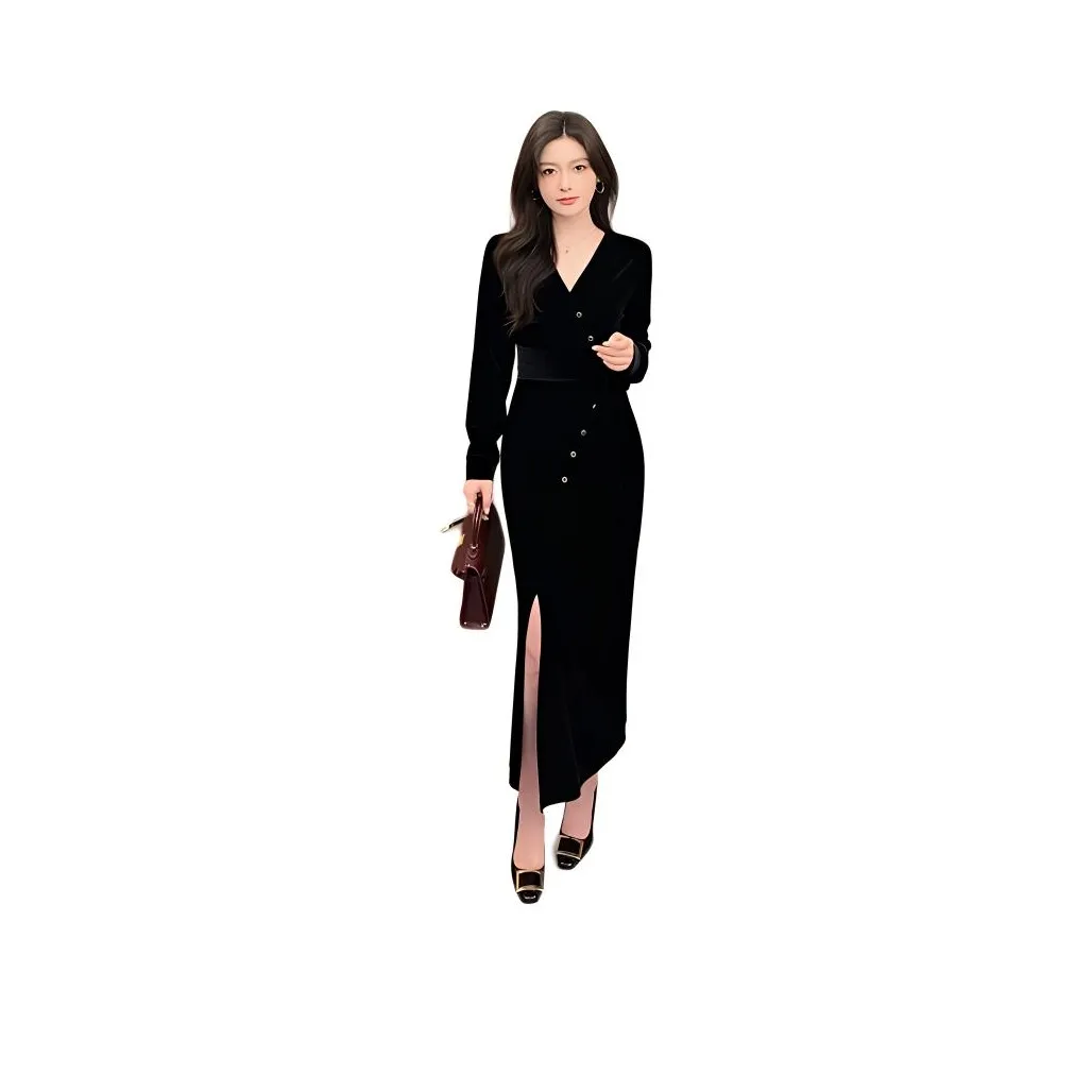 Mrs. Island Song Spring Fall Long Sleeved Dress Women's Black