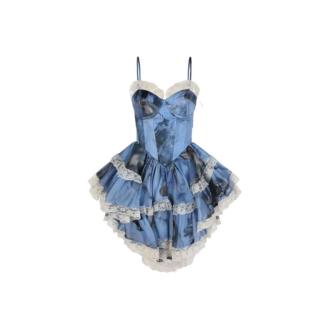 Selkie Collection Slip Dress Women's Blue Base Gadda Dance Girlish Embroidery Print