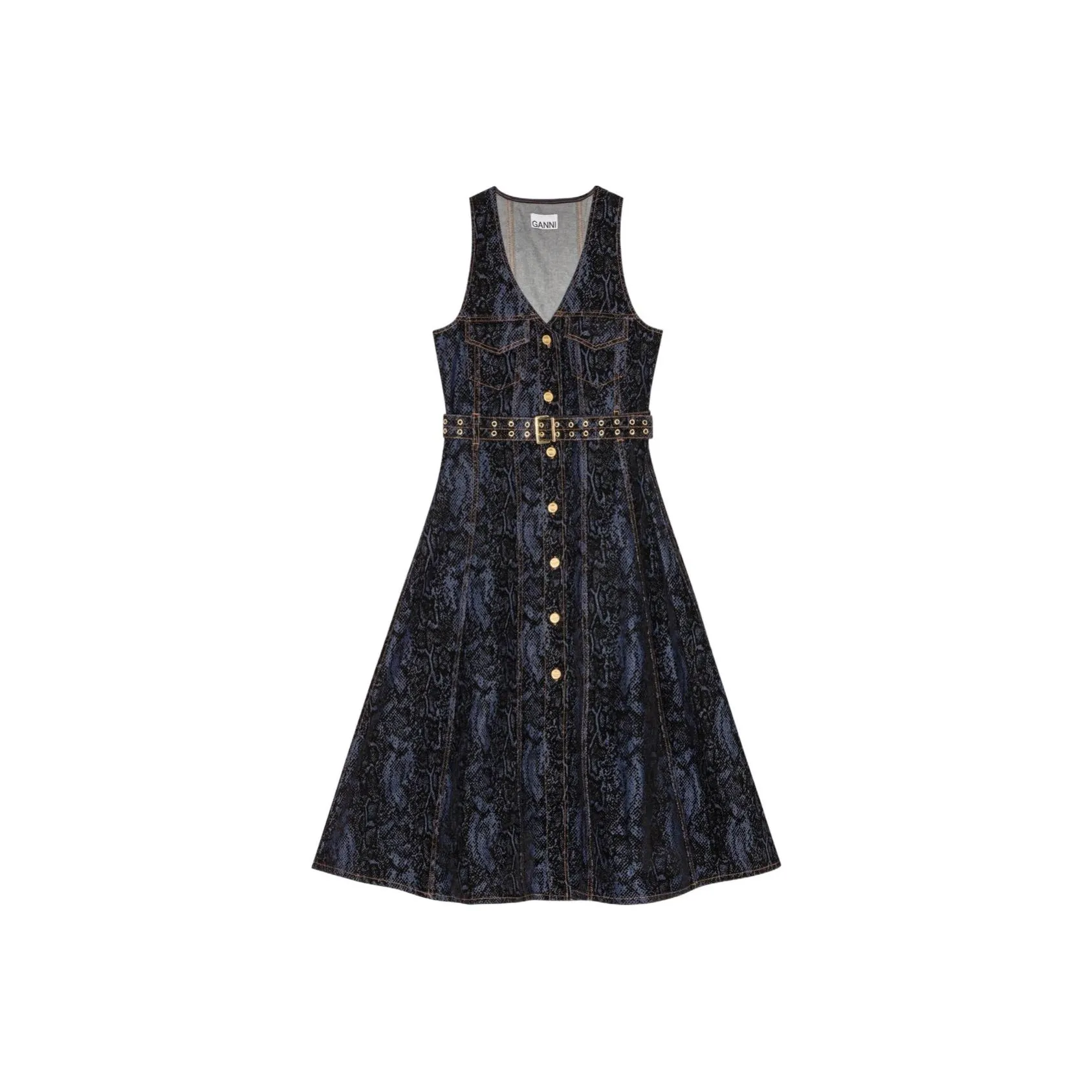 GANNI V Neck Denim Midi Dress