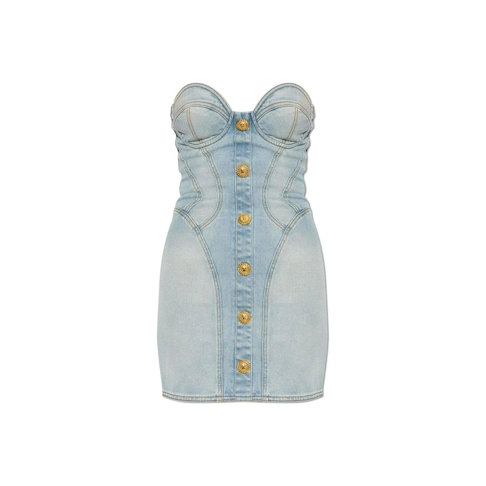 BALMAIN Strapless Button Detailed Denim Dress