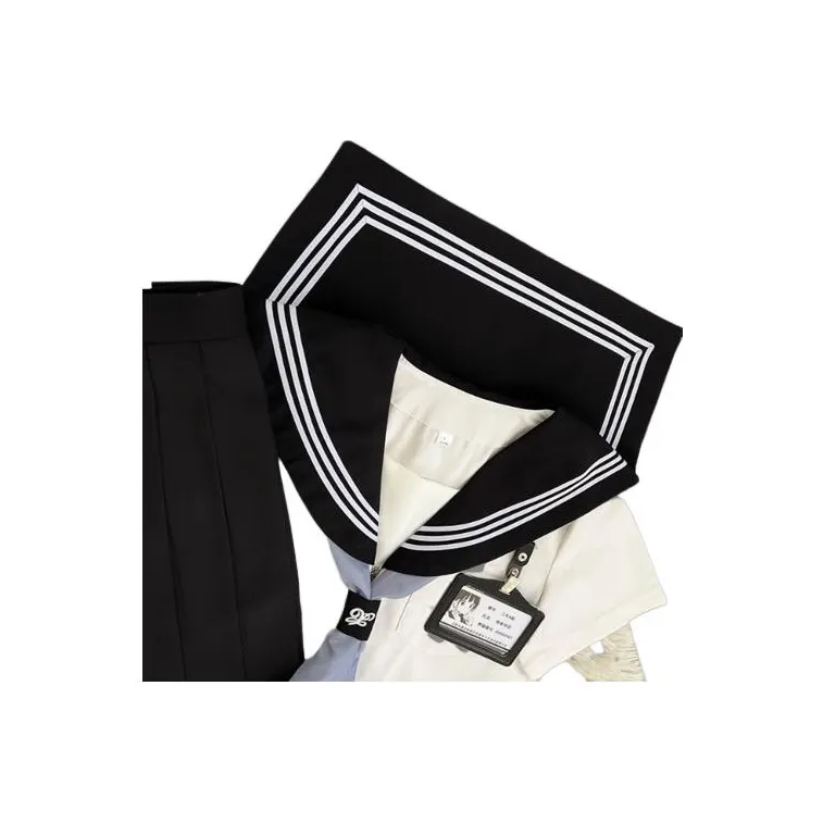 SHENBEI JK Черное ожерелье-чокер THREE Пуговица Короткая рубашка с рукавами + Черная юбка + Синий шарф Женские комплекты с юбкой