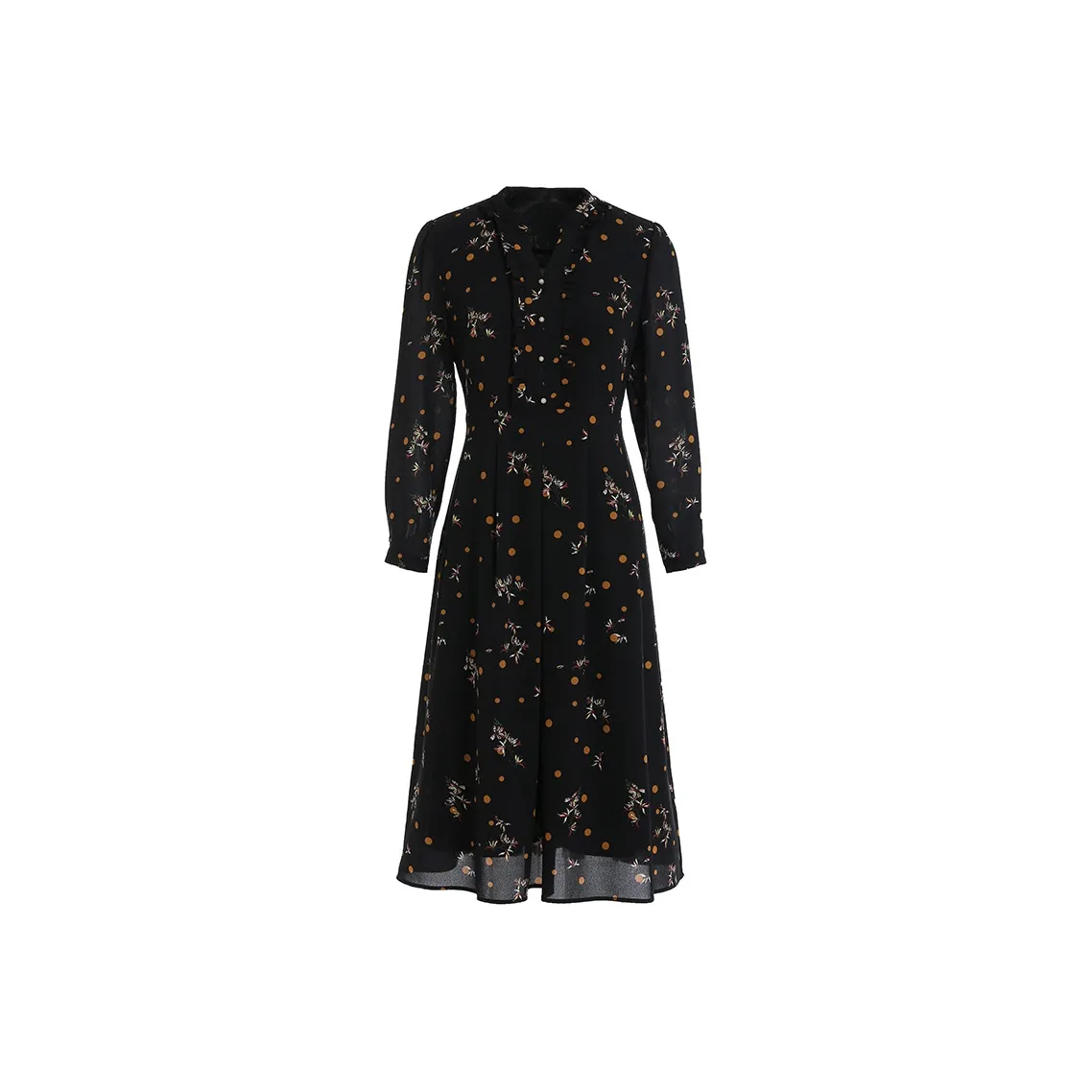QIAOWANNI 2025 Spring Long Sleeved Dress Women's Yellow Hyacinth Polka Dot Flower