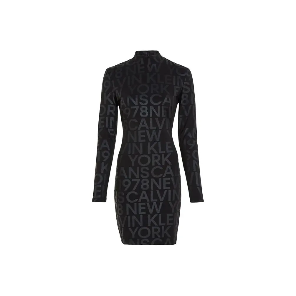 CK/Calvin Klein All Over Logo Mini Dress Long Sleeved Dress Women's Black