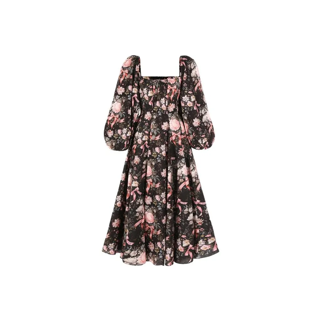 Selkie Collection Long Sleeved Dress Women's Black With Pink Satin Ribbon Rose Print