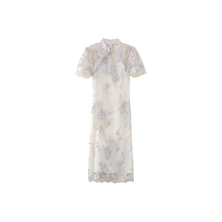 JINYE ORIENTAL Low Slit Short Sleeved Cheongsam Women's Moon White