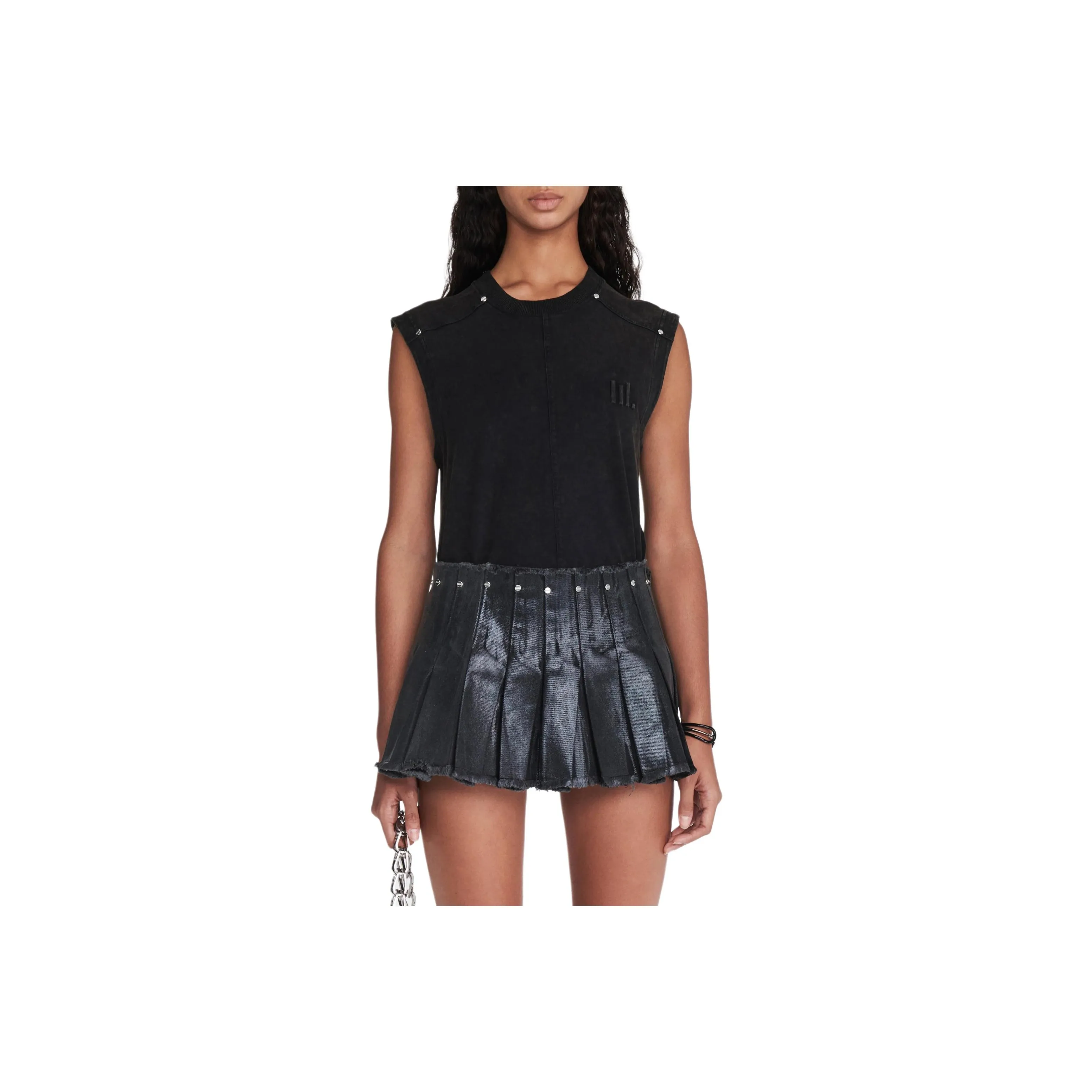 DION LEE SS24 LAMINATED PLEAT Мини Юбка Джинсовая Юбка Женская Черная Черная