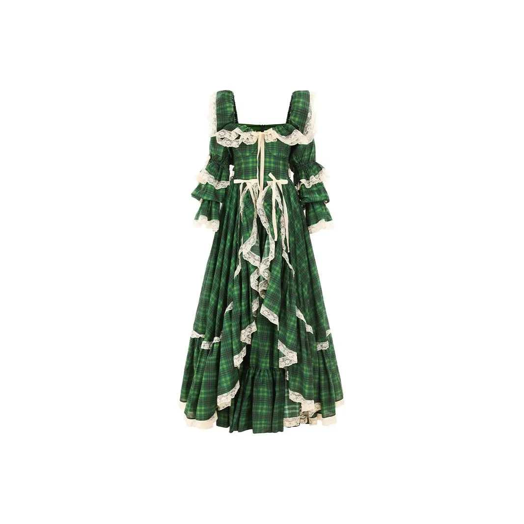 Selkie Collection FW23 Evening Dress Women's Green Plaid Tweed Print