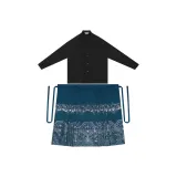 2종 세트 (Luodan 풍경 블랙 스탠드-업 칼라 상의 + 말 페이스 스커트 소프트 에메랄드 그린)