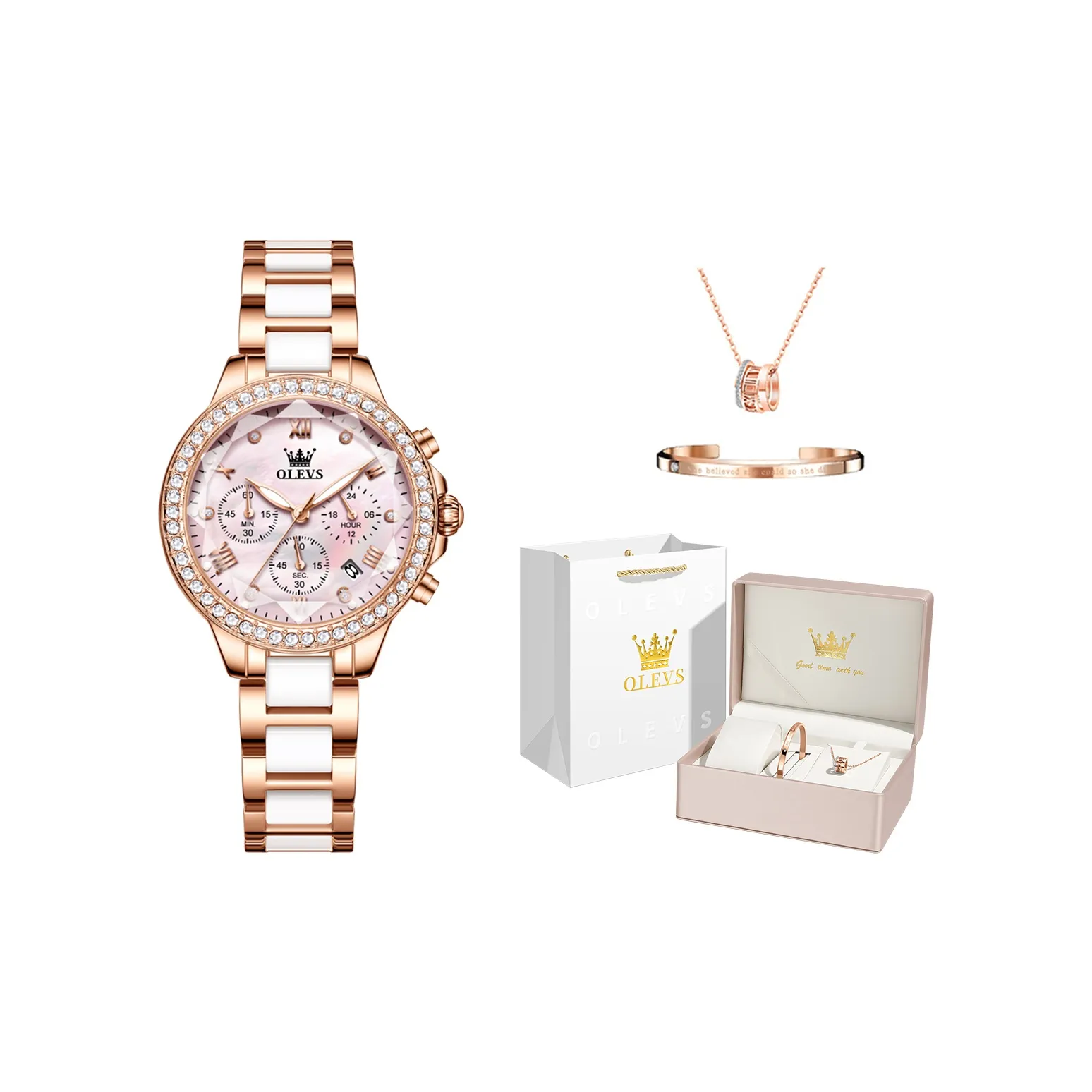 OLEVS Radiant Collection Кварцевый механизм ремешок из нержавеющей стали женские часы розовый циферблат