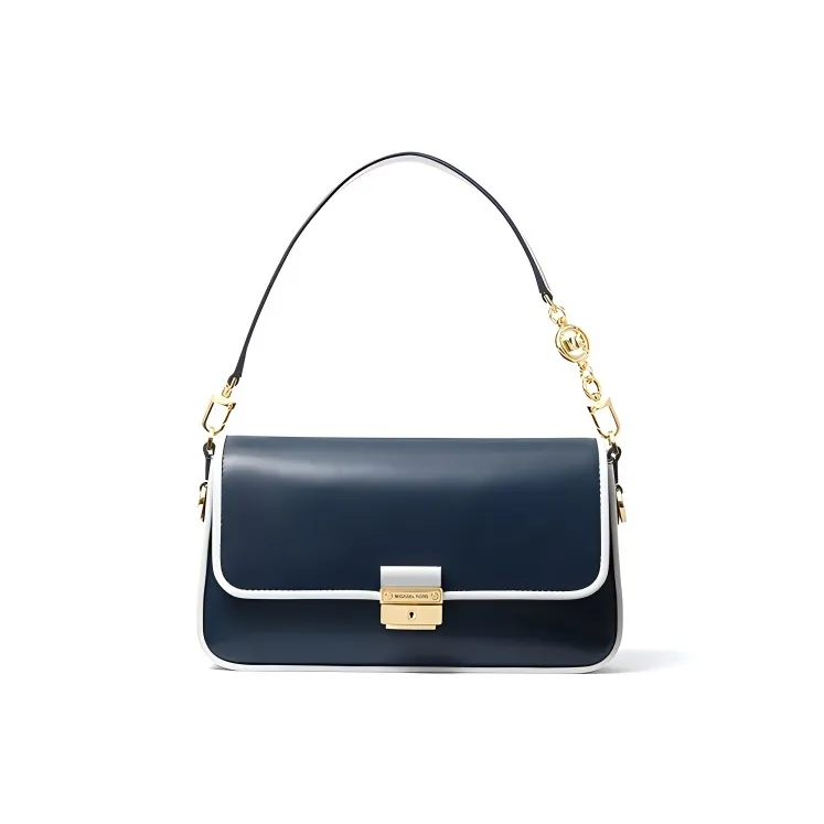 MICHAEL KORS Bradshaw Leather Handbag Shoulder Bag Small Size Women's Navy Blue With White Trim