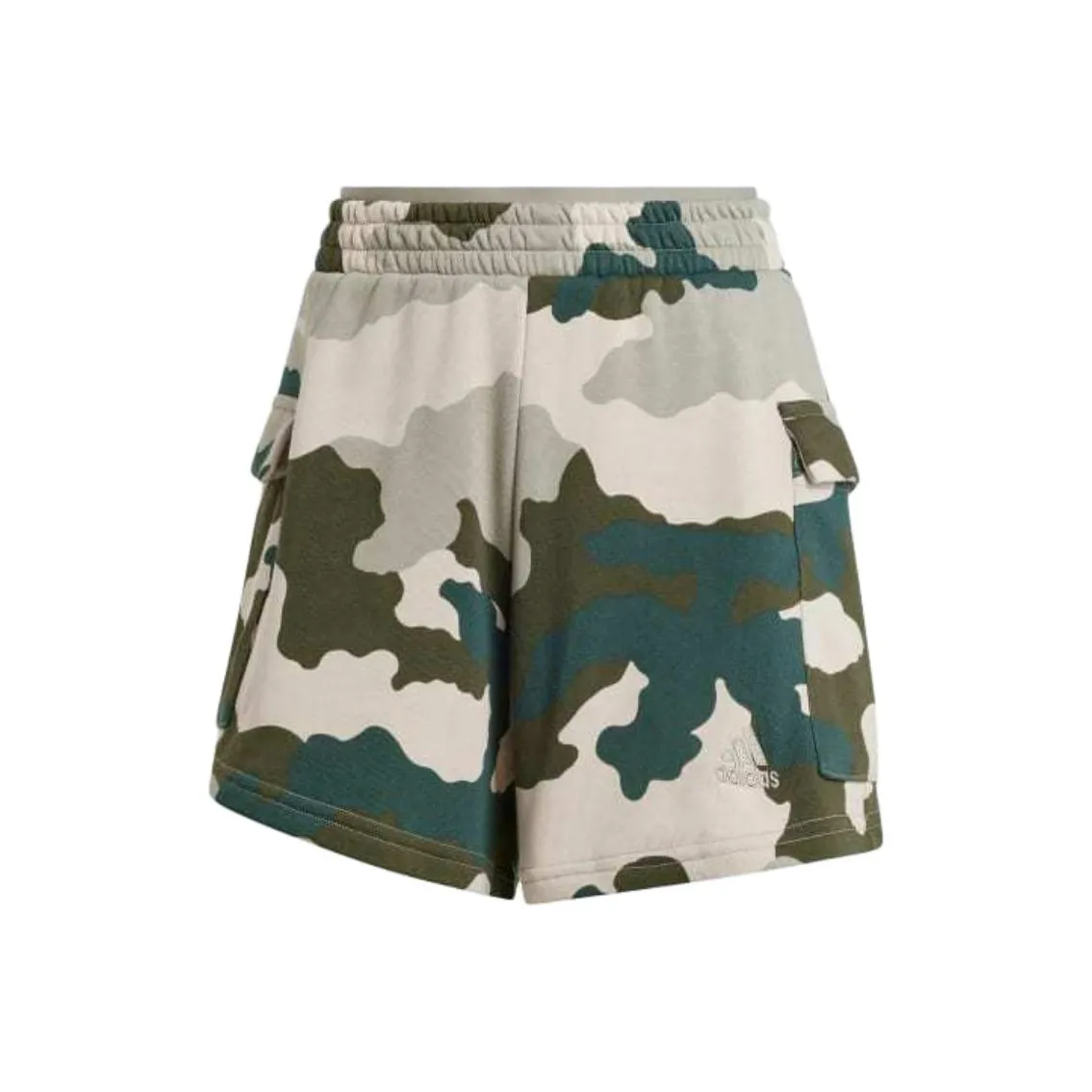 Adidas Women's Essentials 3 Stripes Camo Print Cargo Shorts Silver Pebble