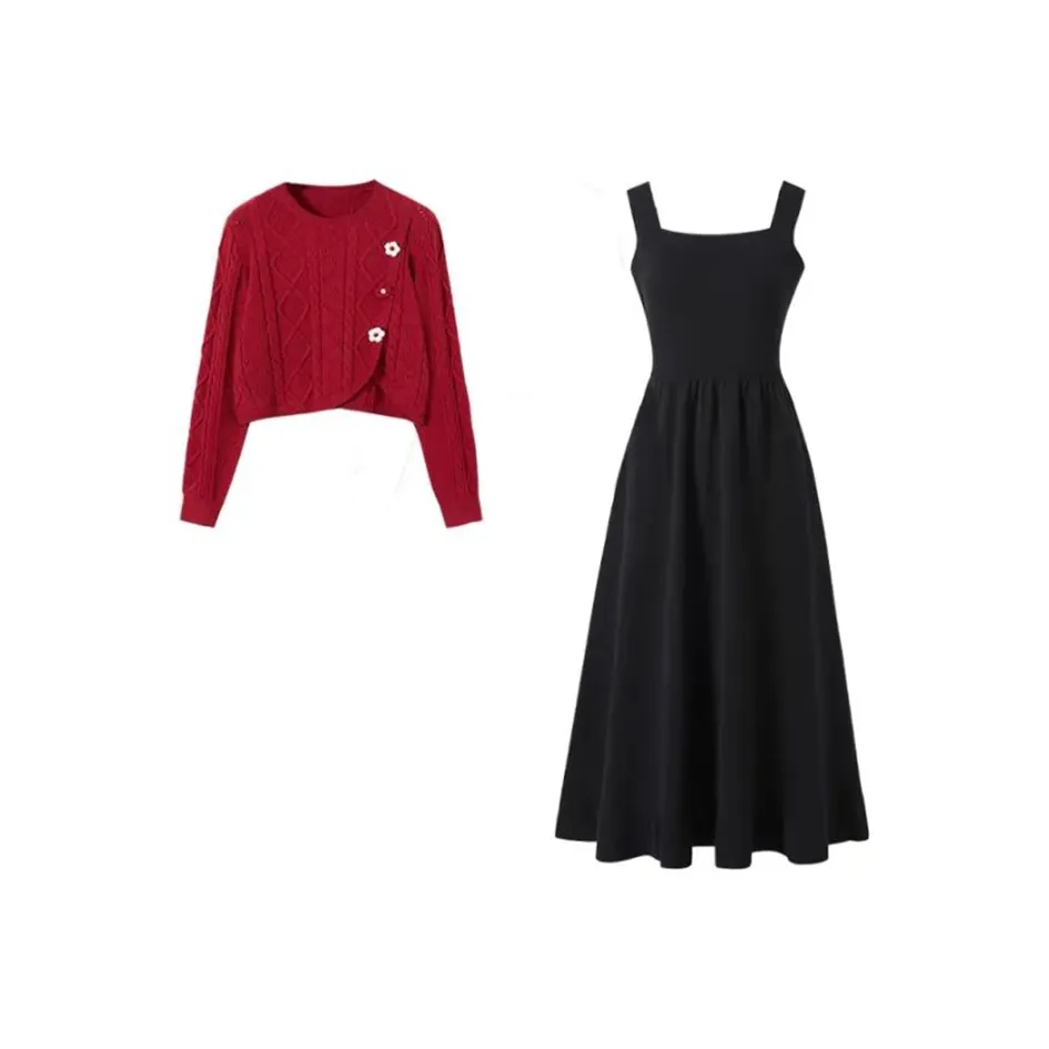 HUINIAN Two Piece Skirt Sets Women's Red Knitwear Sweater+Black Dress