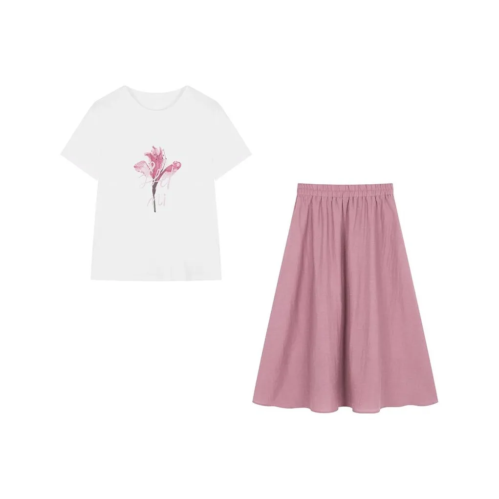 IHIMI Two Piece Skirt Sets Women's White Top+Purple Bottom