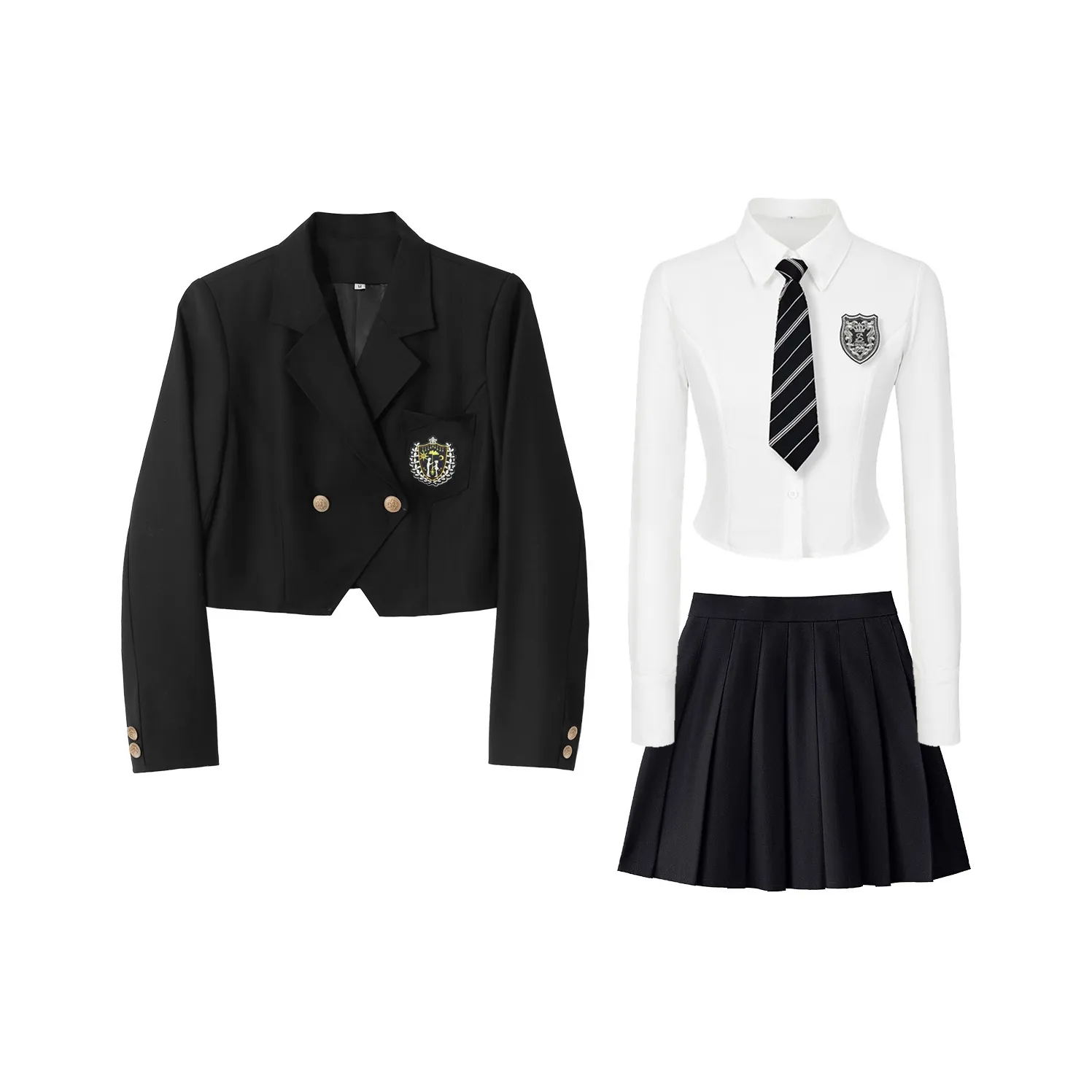Черный комплект: пальто + юбка + значок 2 шт + галстук, женская униформа