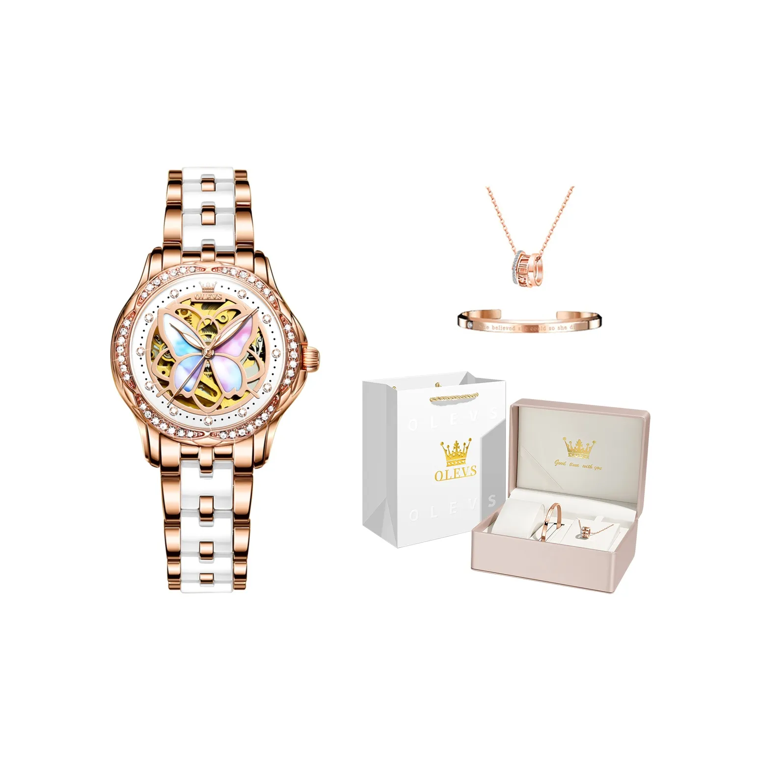 OLEVS Little Fortune Butterfly Collection Механические часы с ремешком из нержавеющей стали женские с белым циферблатом