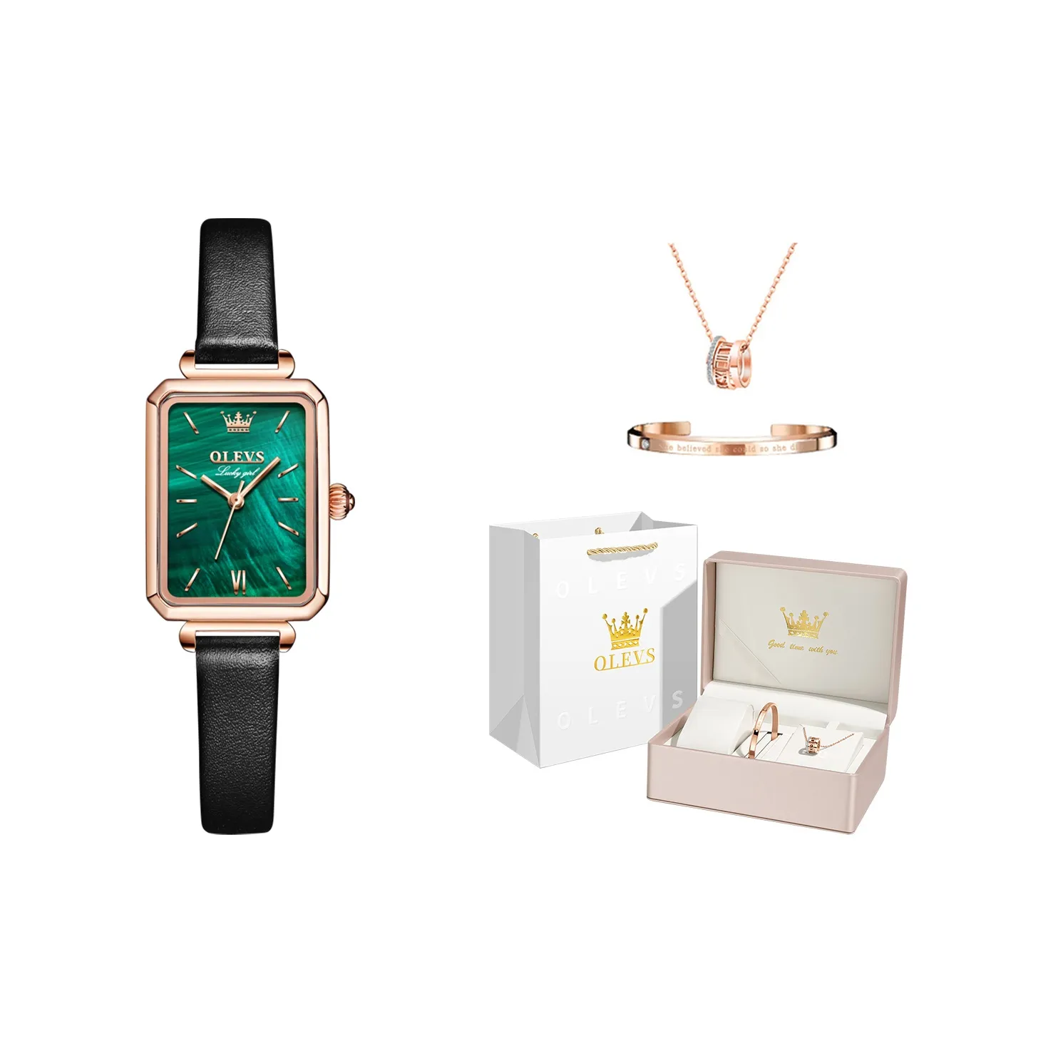 OLEVS Кварцевый механизм кожаный ремешок часы женские зеленый циферблат