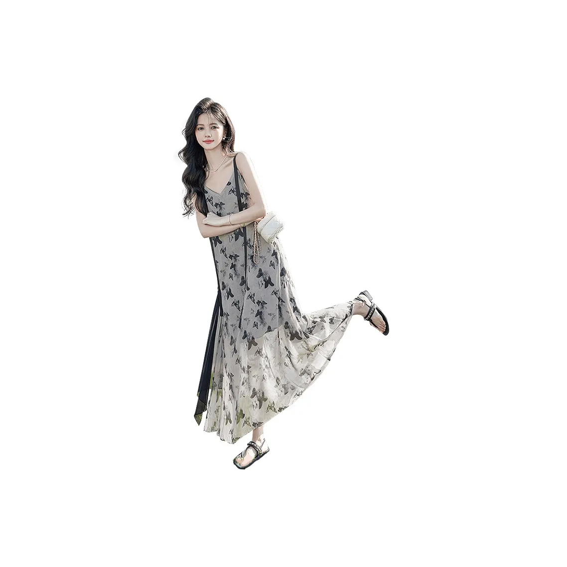 Cypress House Платье-юбка Женское Серый Зеленый Бабочка