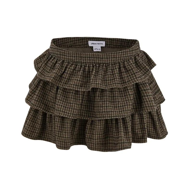 URBAN REVIVO Коричневая клетка Женская Повседневная Короткая Юбка