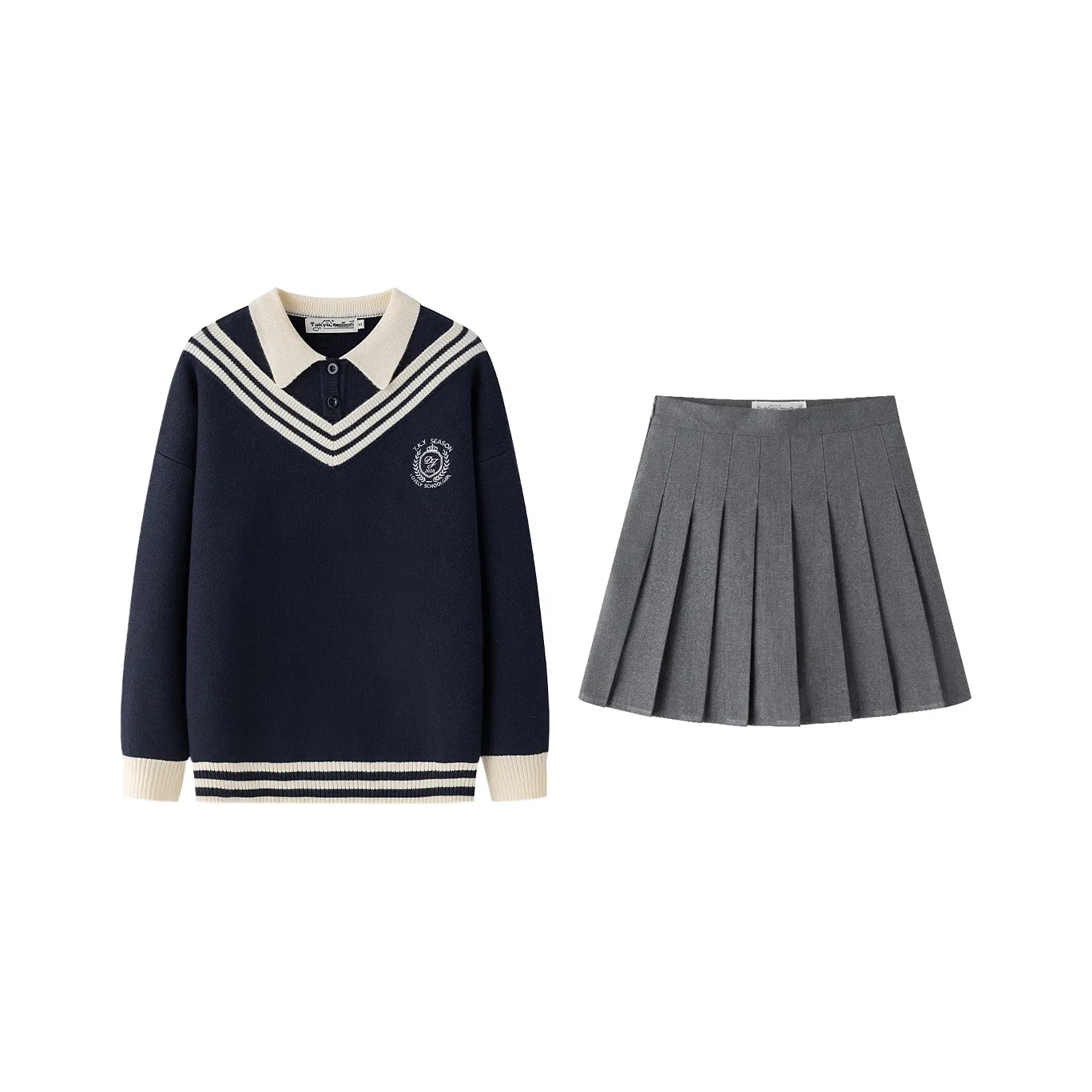 Tokyo Season Набор Темно-синий Fake Два предмета Свитер + Серый Плиссированная Юбка Женская Униформа