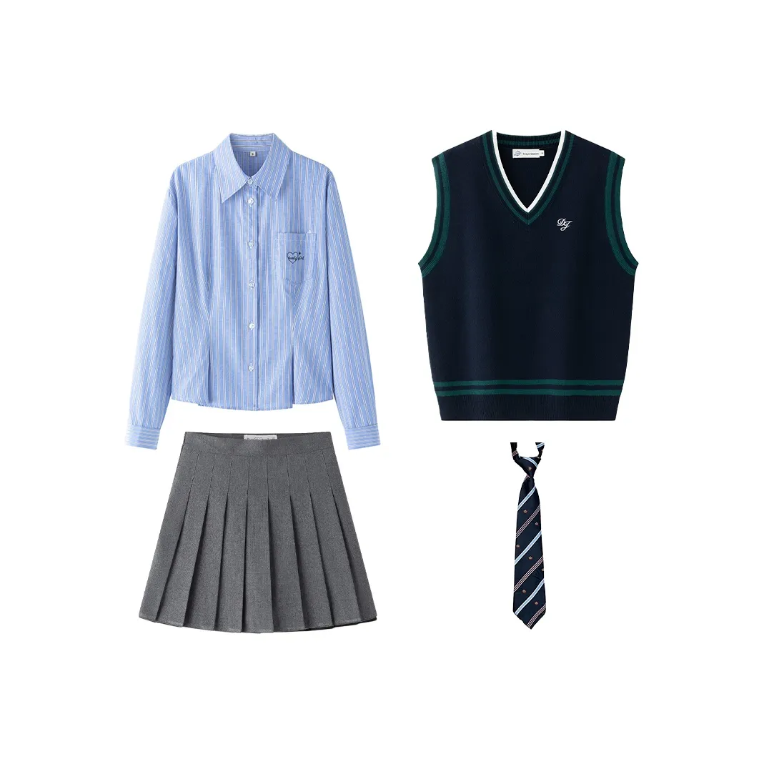Tokyo Season Набор Темно-синий Свитер Жилет + Синий Полосатый Рубашка + Черная Плиссированная Юбка + Маленькие Things Женская Униформа