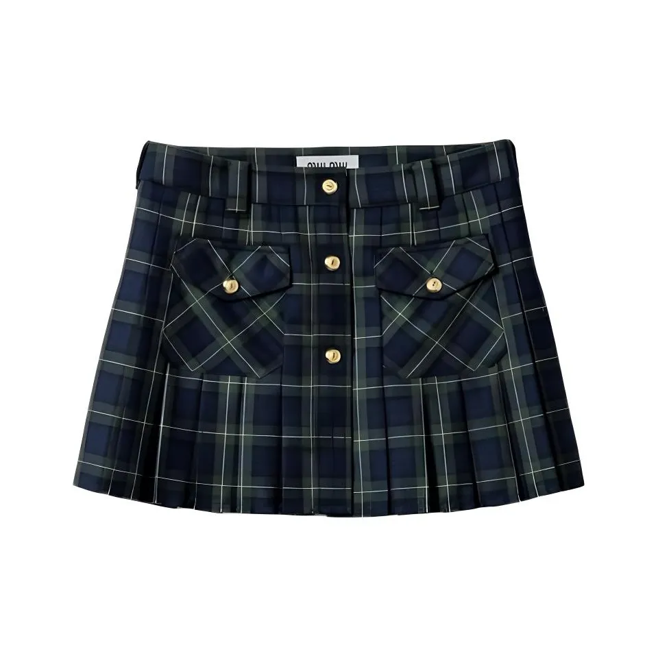 MIU MIU Logo Embroidered Pleated Tartan Mini Skirt