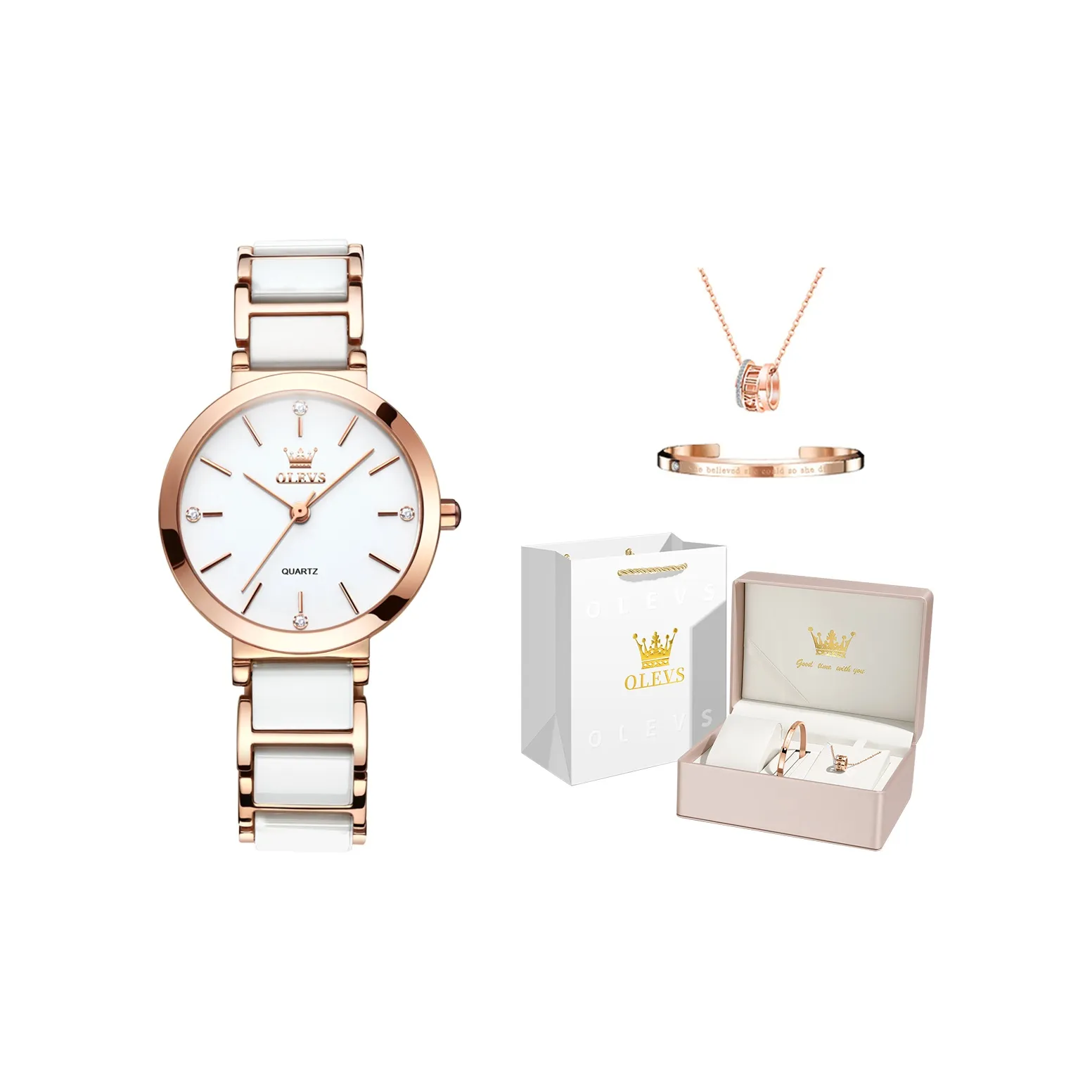 OLEVS Small Round Watch Series Кварцевый механизм Керамика Ремешок Часы Женские Белый циферблат