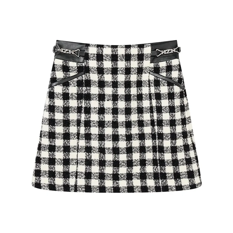 Yu Qianwen Повседневные короткие юбки Женские Черный Белый Клетка