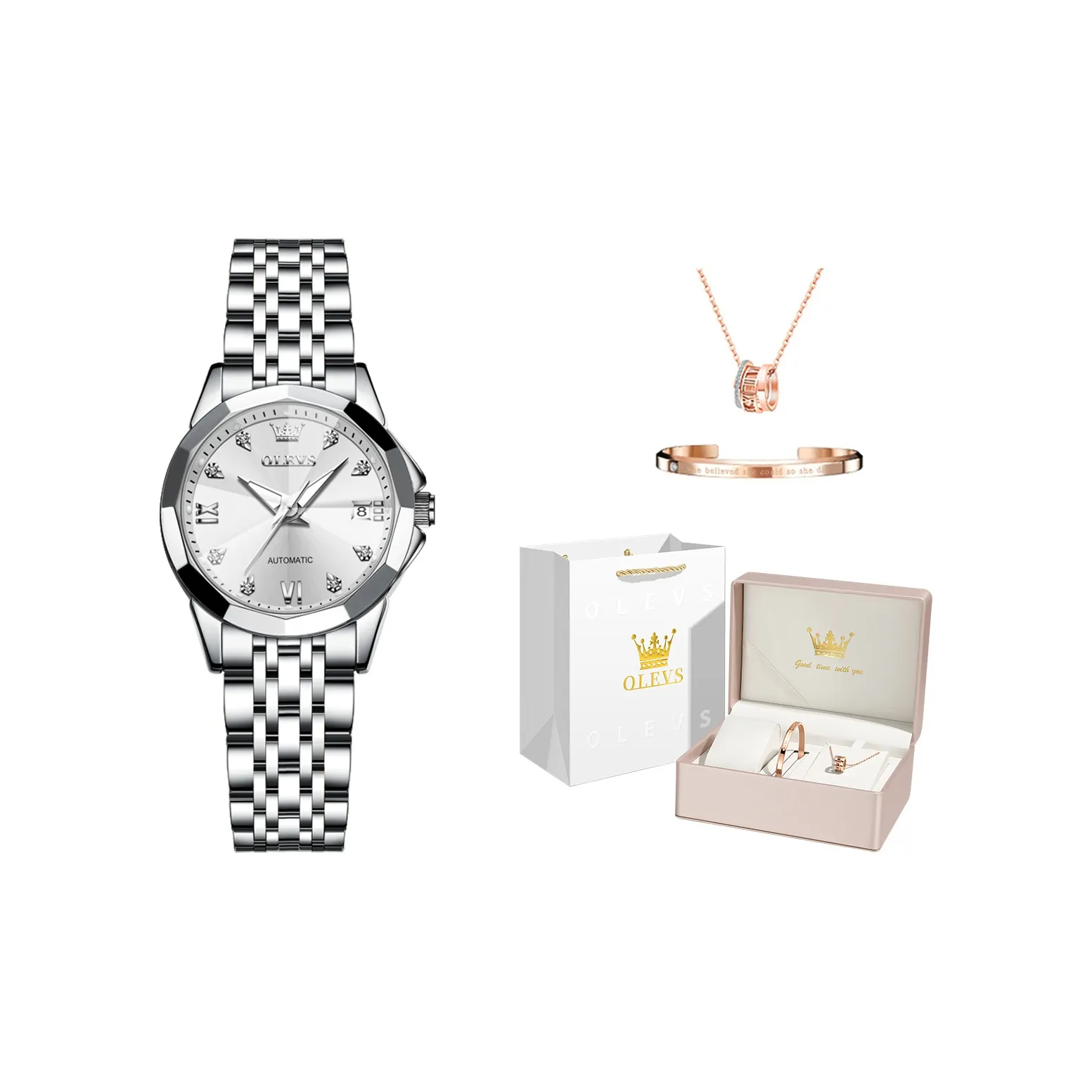 OLEVS Механические часы с ремешком из нержавеющей стали женские черный циферблат