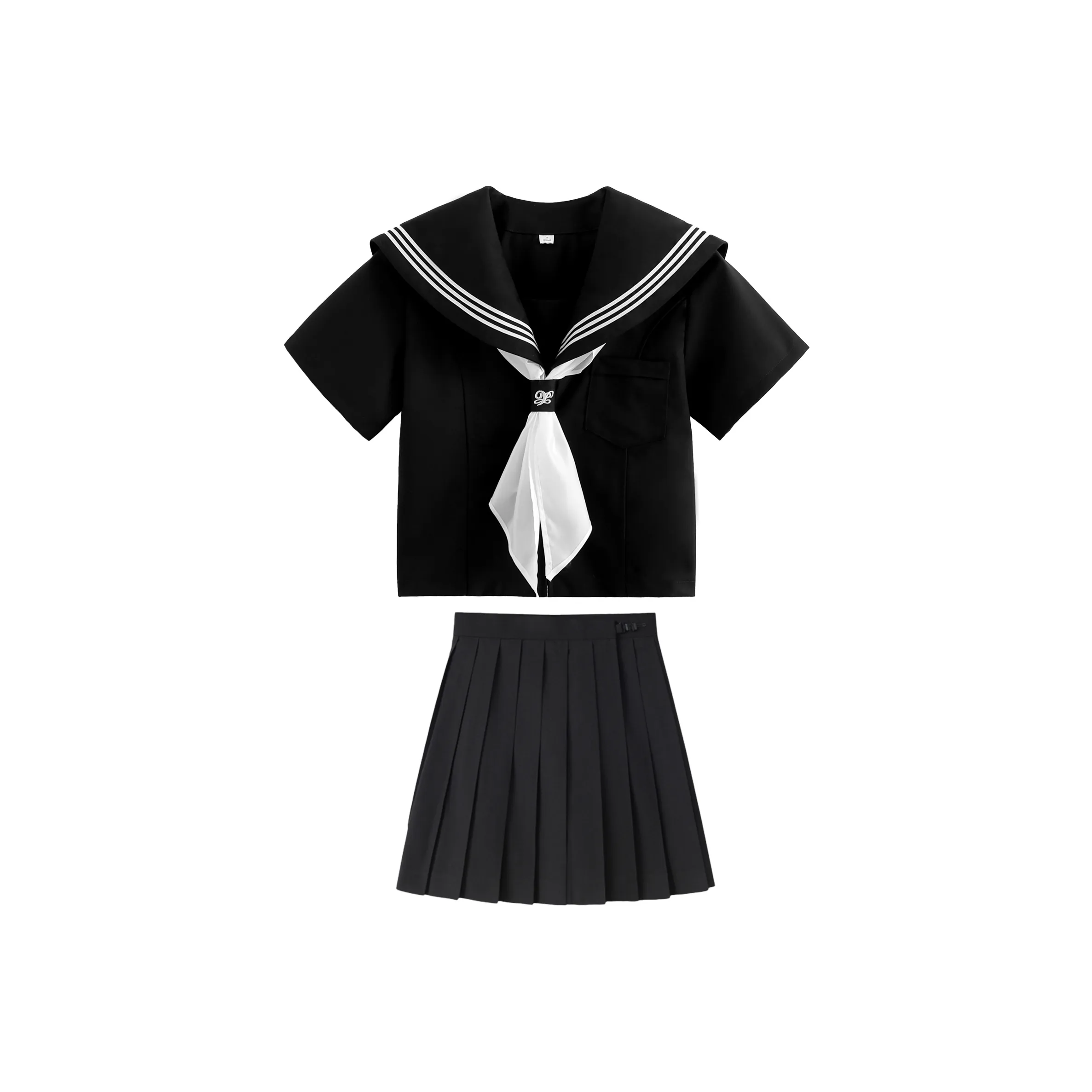SHENBEI JK Черная Рубашка с тремя пуговицами, с коротким рукавом + Черная юбка + Белое воротничное полотенце, женская униформа