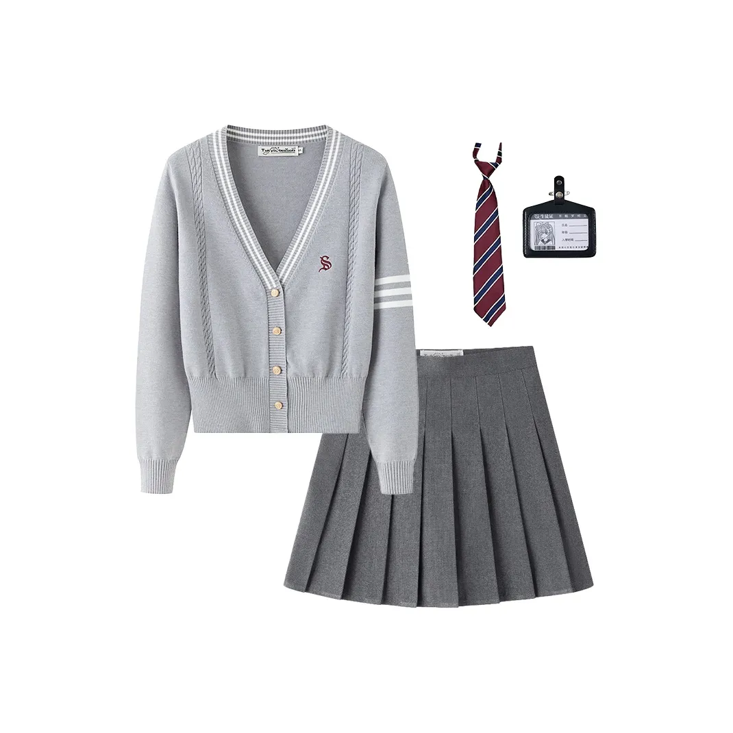 Tokyo Season Набор Серый Свитер + Серый Плиссированная Юбка с вышивкой + Аксессуар Женская Униформа