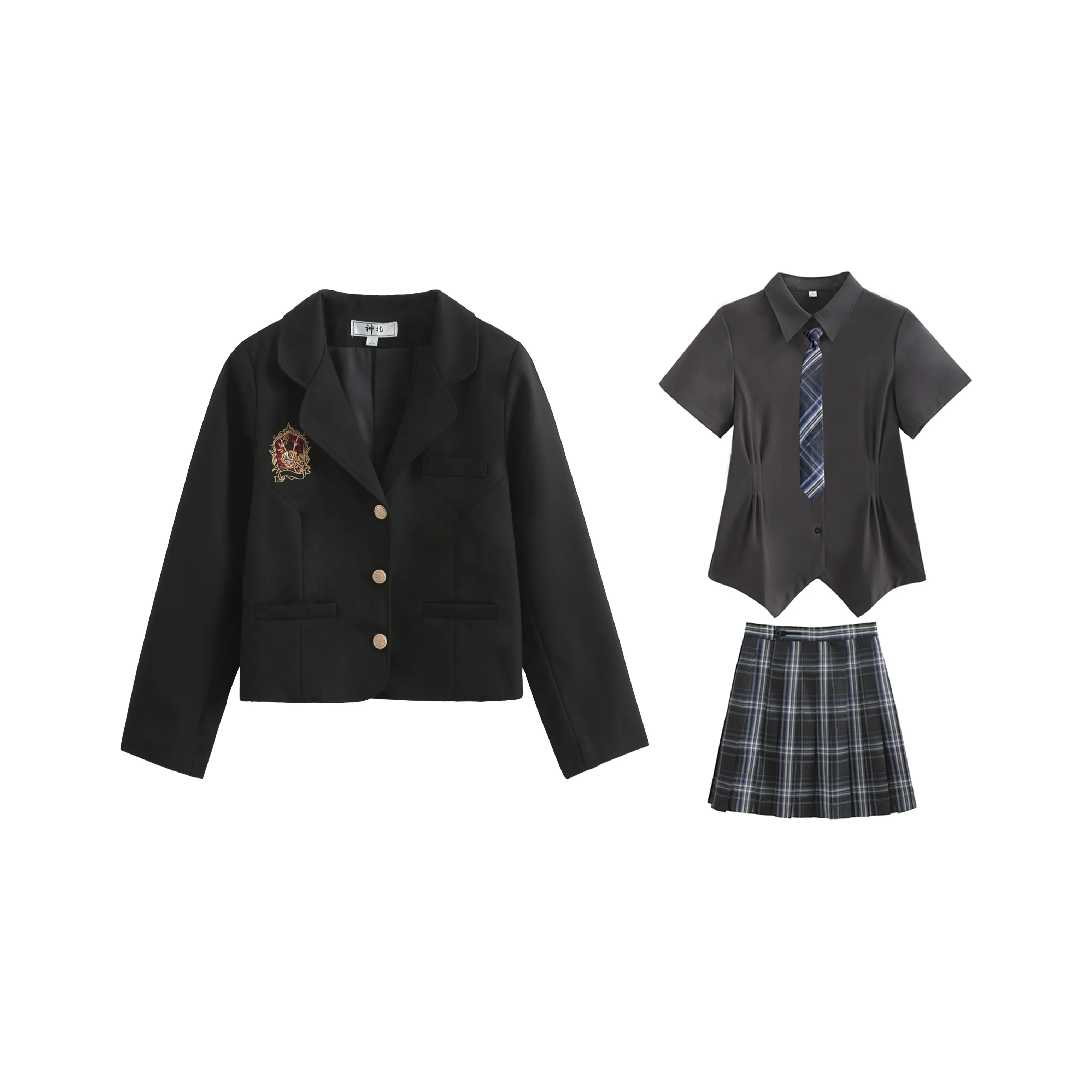 SHENBEI JK Uniforms Women's Thorn Rose Business Suit+Cinched Waist Gray Short-Sleeved+Dark Night Skirt+Tie