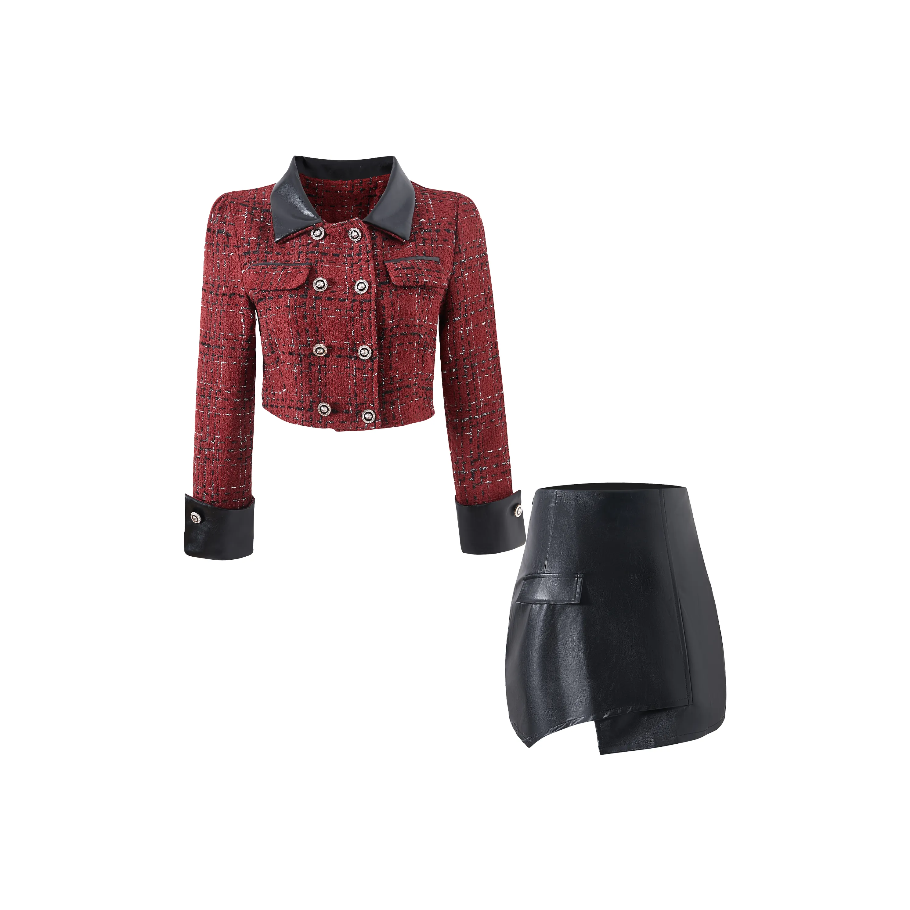 KAZAN Двухкомпонентный Набор Бургундский Пальто + Кожаная Юбка Женская Униформа