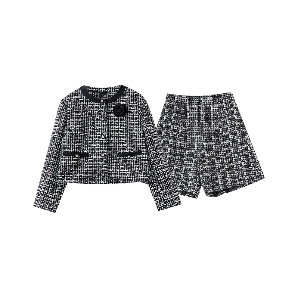 OUNIXUE Комплект с юбкой Женские Черный Белый Клетка