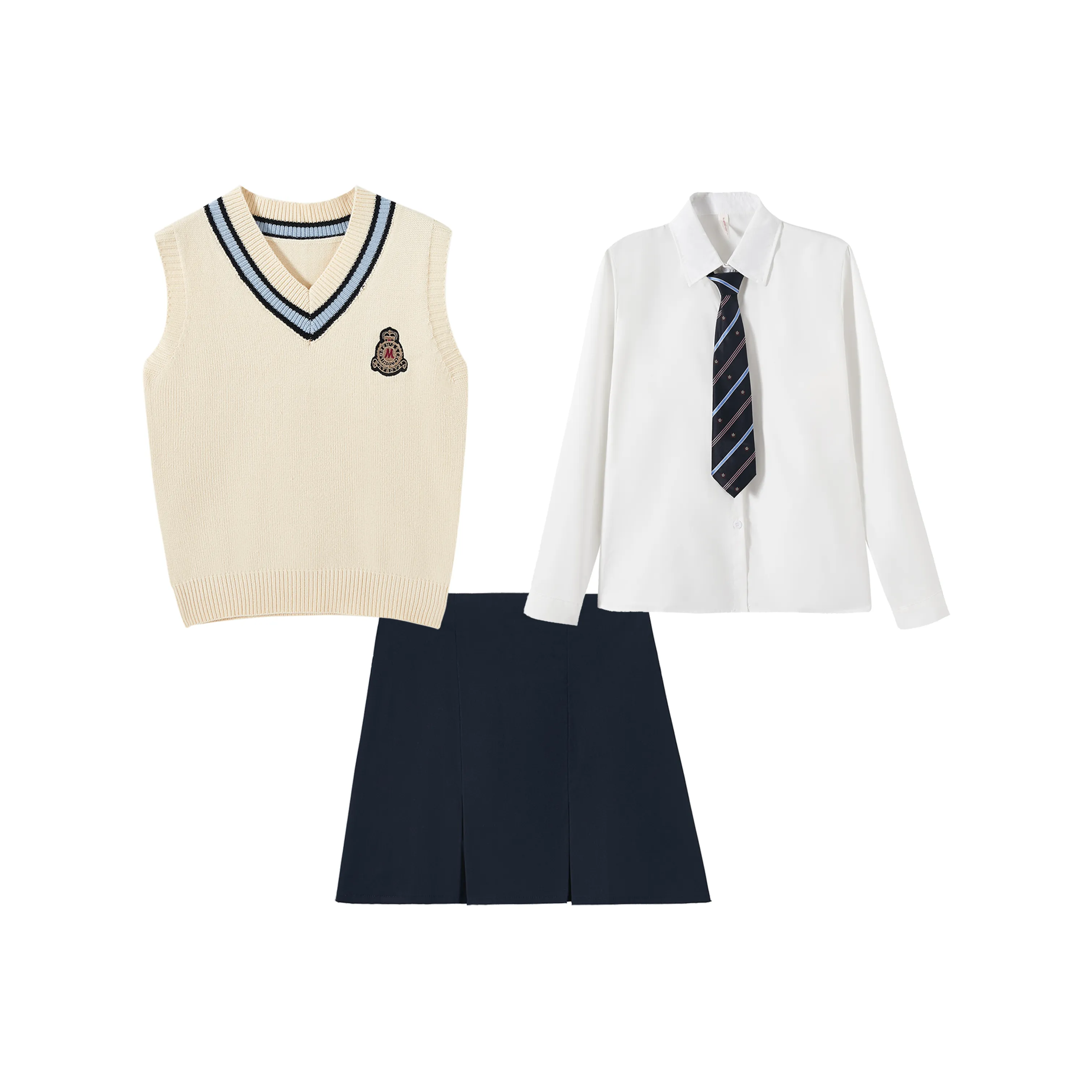 KAZAN Набор OF Четыре Желтый Свитер + Белая Рубашка + Темно-синяя Юбка + Галстук Женская Униформа