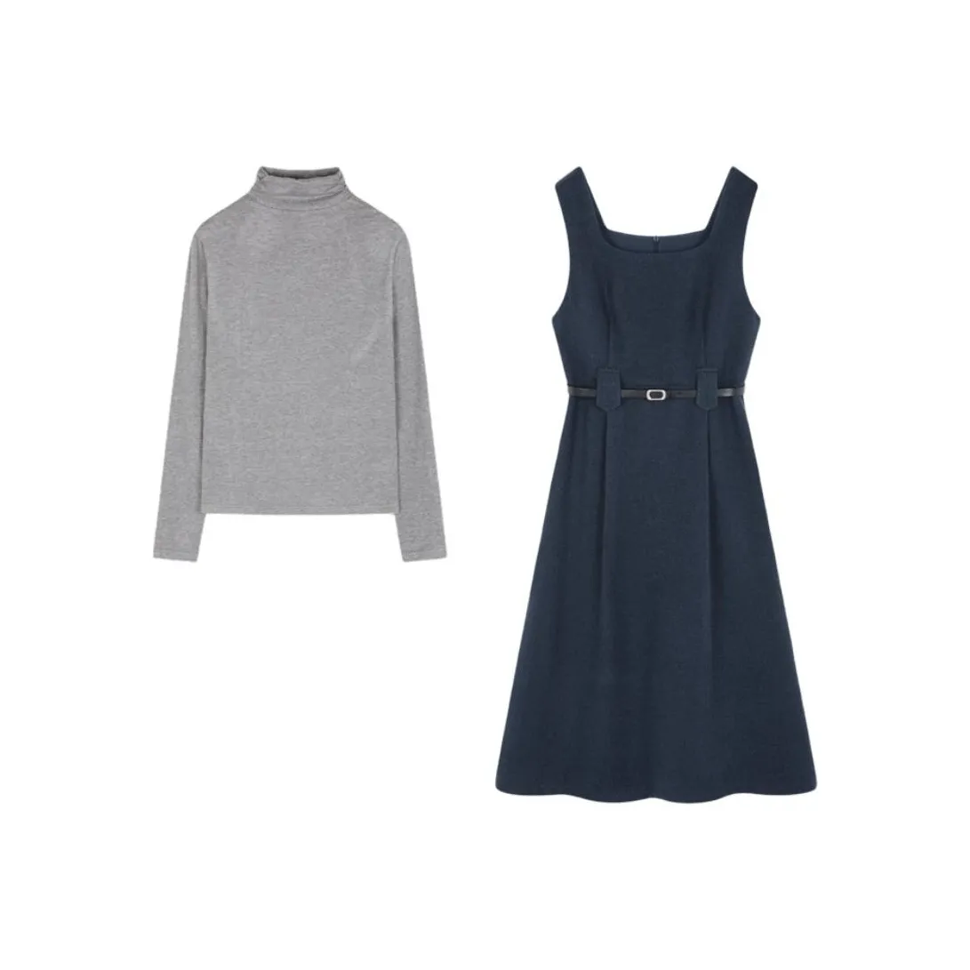 IHIMI Темно-синий Платье + Серый Базовый слой Женские Комплекты с юбкой