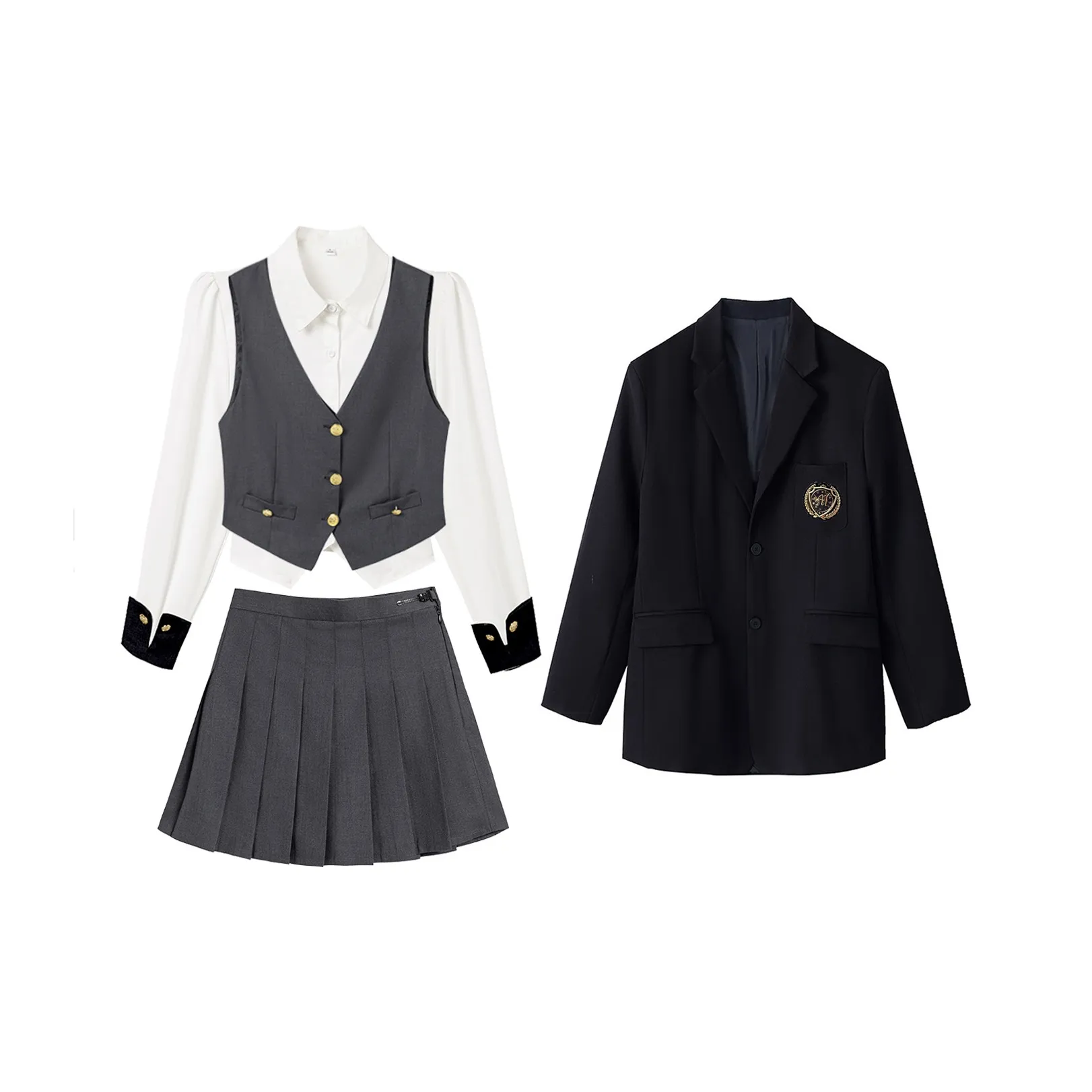 Серый костюм: костюм + жилет + рубашка + юбка + значок. Женская униформа