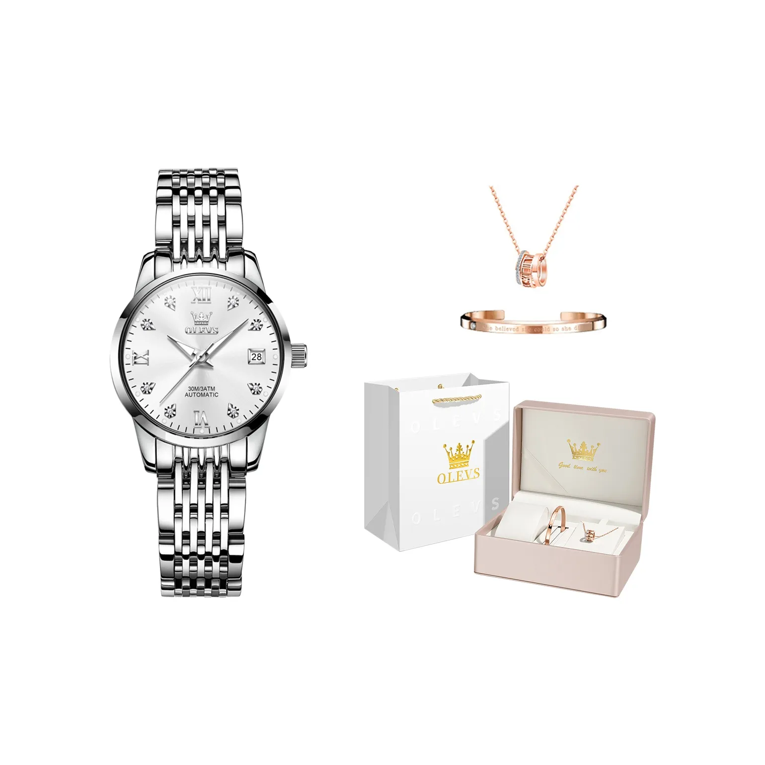 OLEVS Mechanical Movement Stainless Steel Watchband Watch Women's Watch White Dial