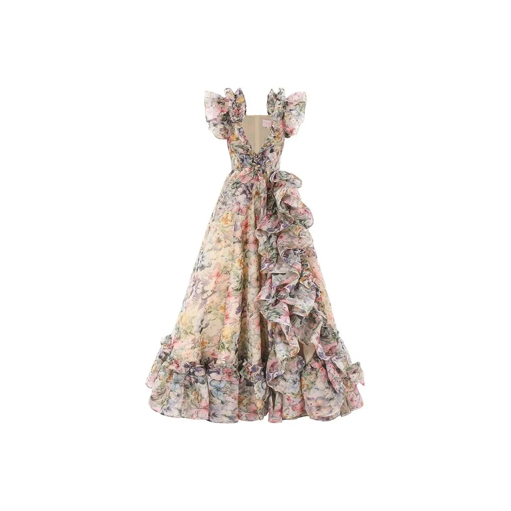 Selkie Collection SS24 Evening Dress Women's Apricot With Floral Butterfly Herbal Print
