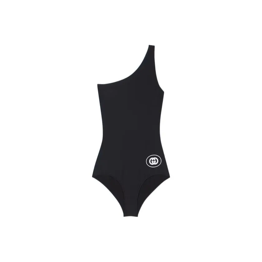 GUCCI Women's Logo Printed One Shoulder One piece Swimsuit Black