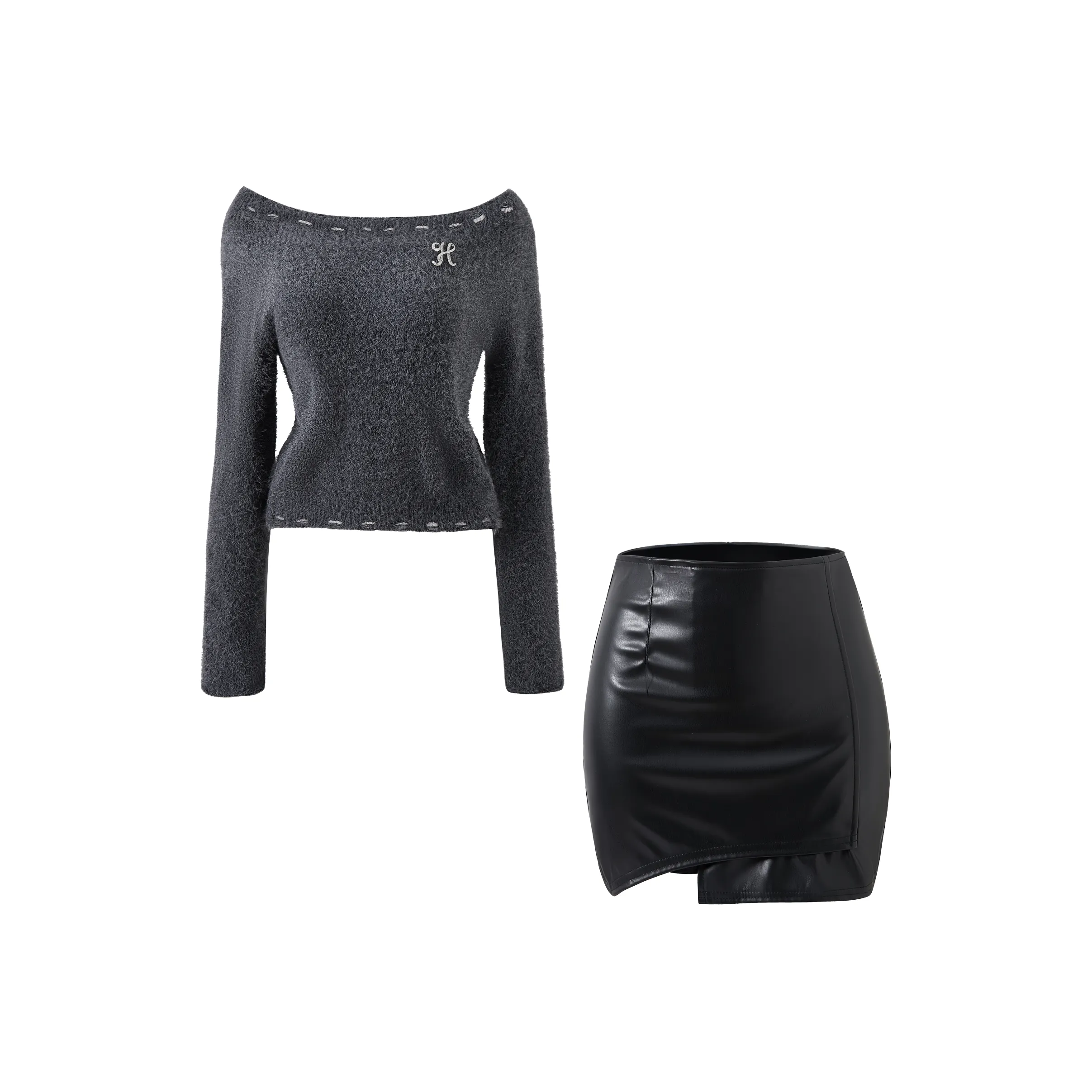 KAZAN Серый Off The Плечо + Кожаная юбка Женская Униформа