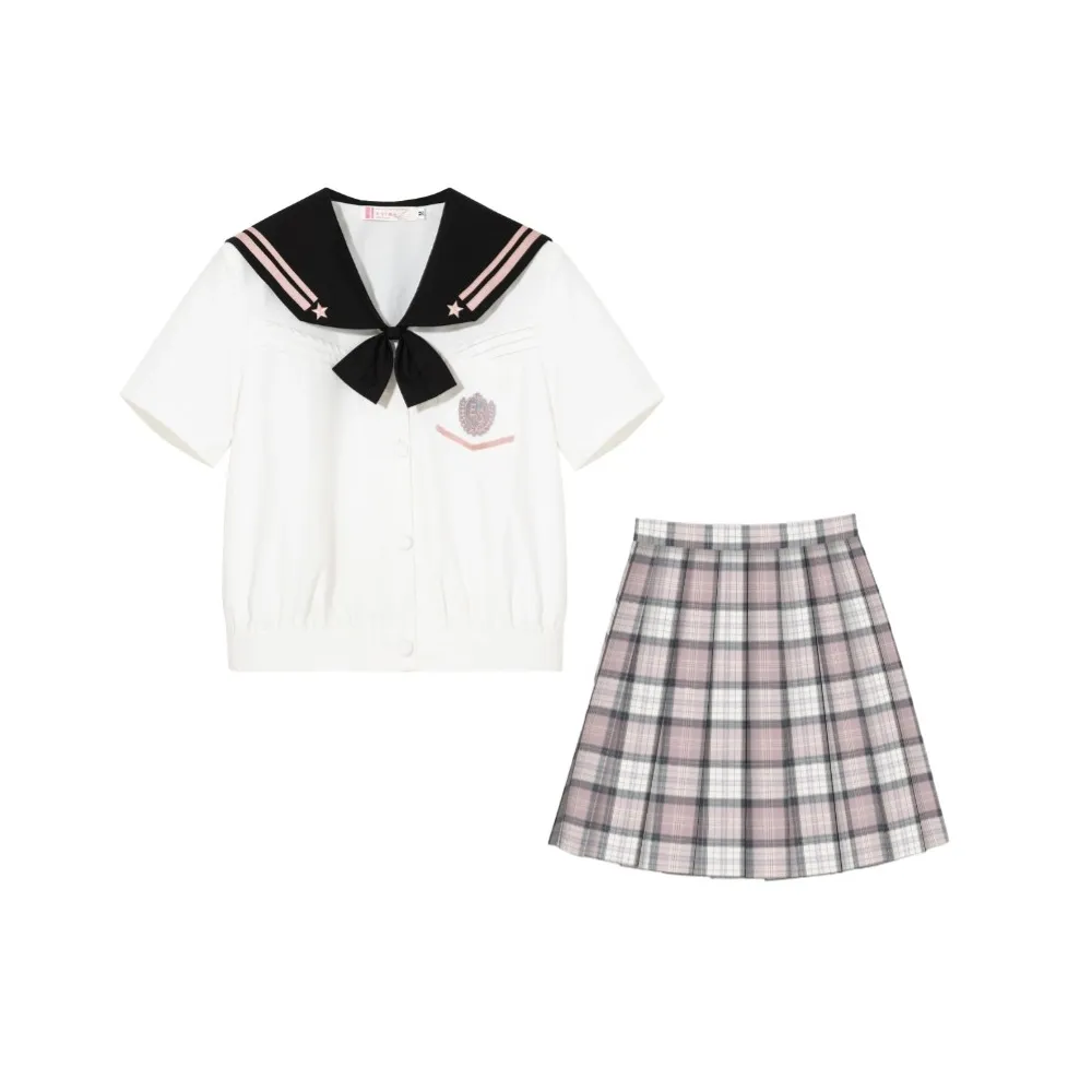 Sato Supun Uniform Women's Black Pink Staraki Eigo High Top+Bow Tie+Old Love Poem Plaid Skirt