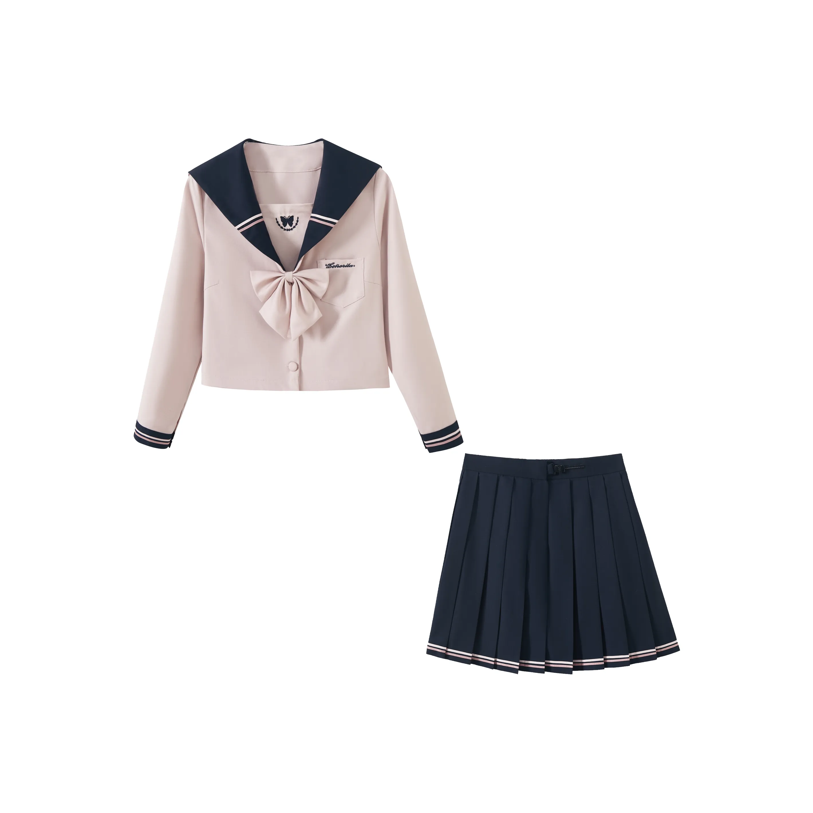 KAZAN Розовый Длинный Рукав Матроска + Темно-синий Плиссированная Юбка Женская Униформа