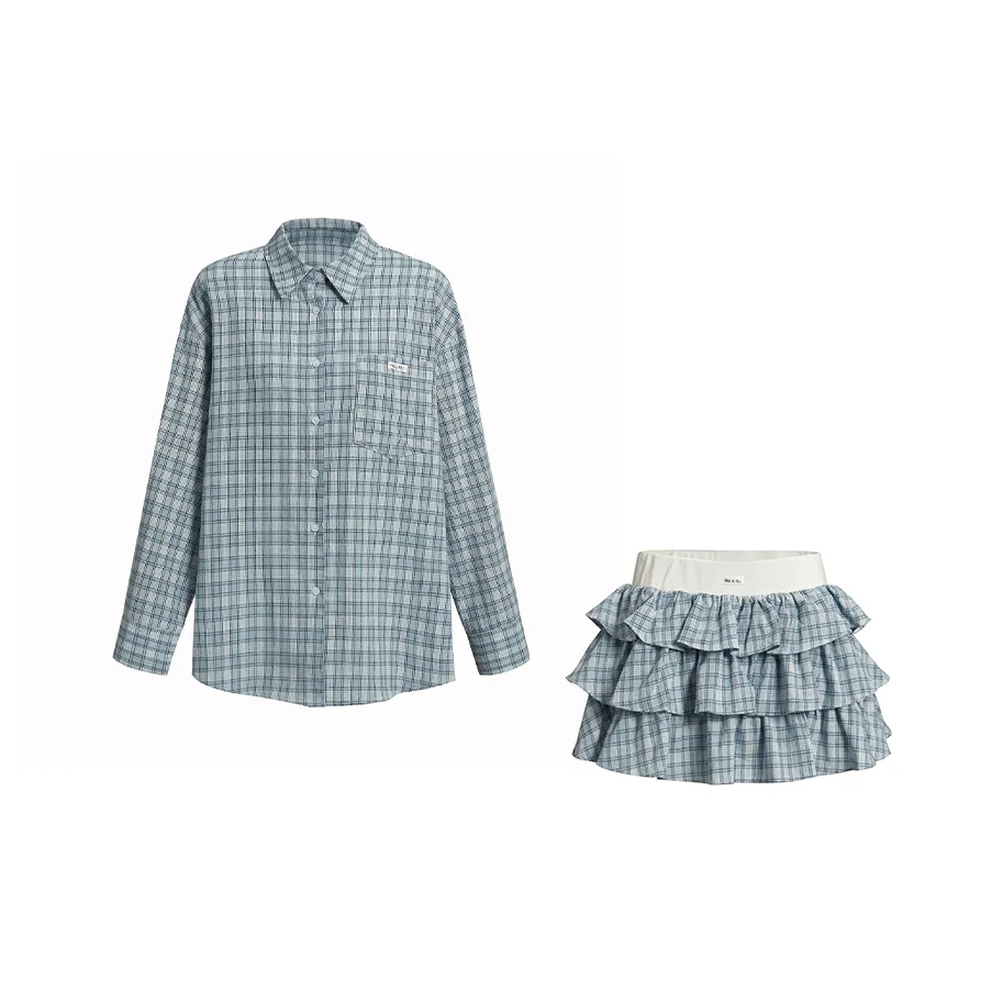MTHE Two Piece Skirt Sets Women's Blue Plaid