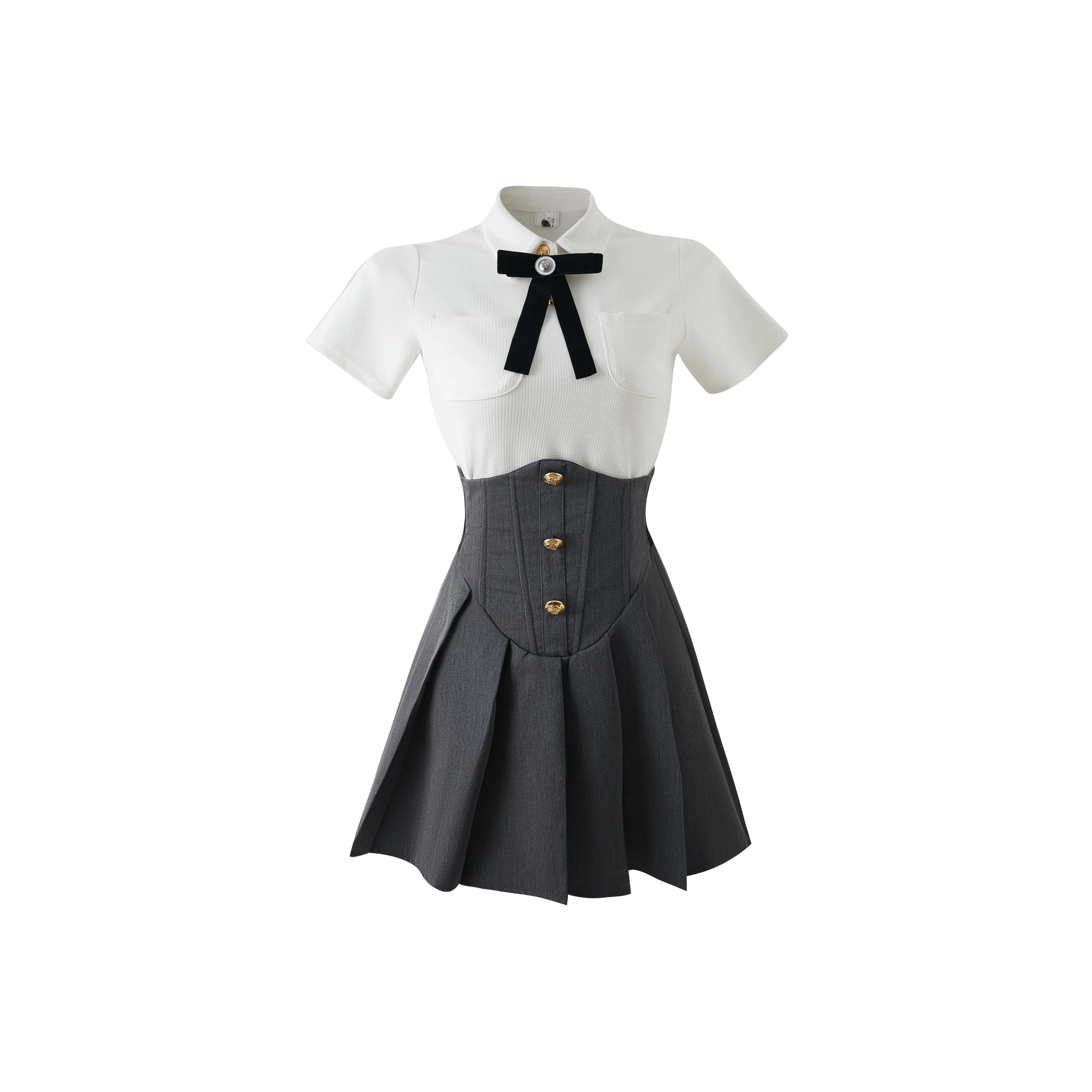 KAZAN Uniforms Women's White Shirt+Black Fishbone Skirt+Bow Ties
