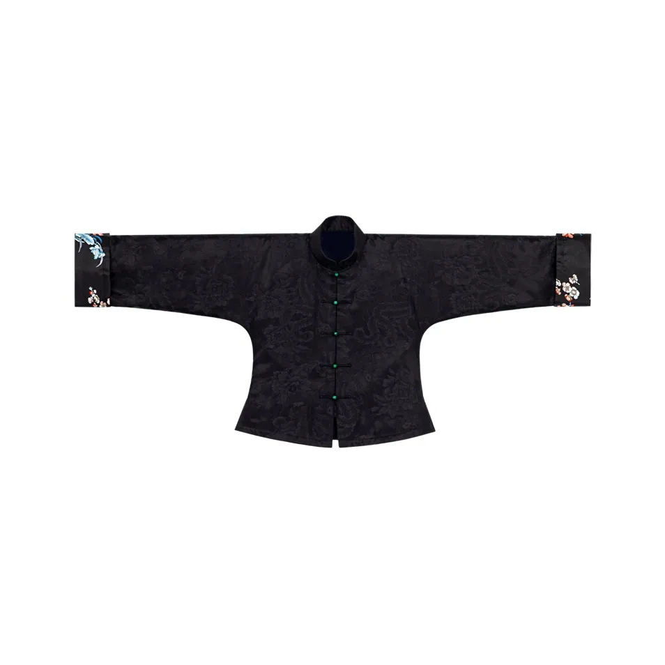 YICHENGFENGXU Ханьфу Женская Черная Шелковая Смесь Вышивка Передняя Планка Куртка