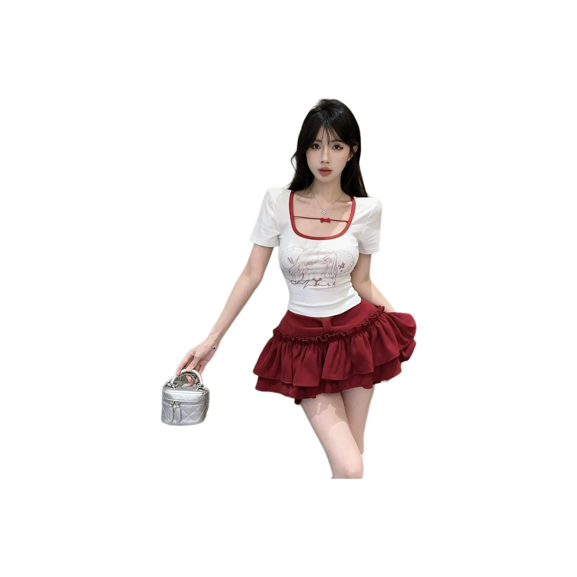 Mu Xiao Xin Skirt Set Women's White Top, Red Skirt